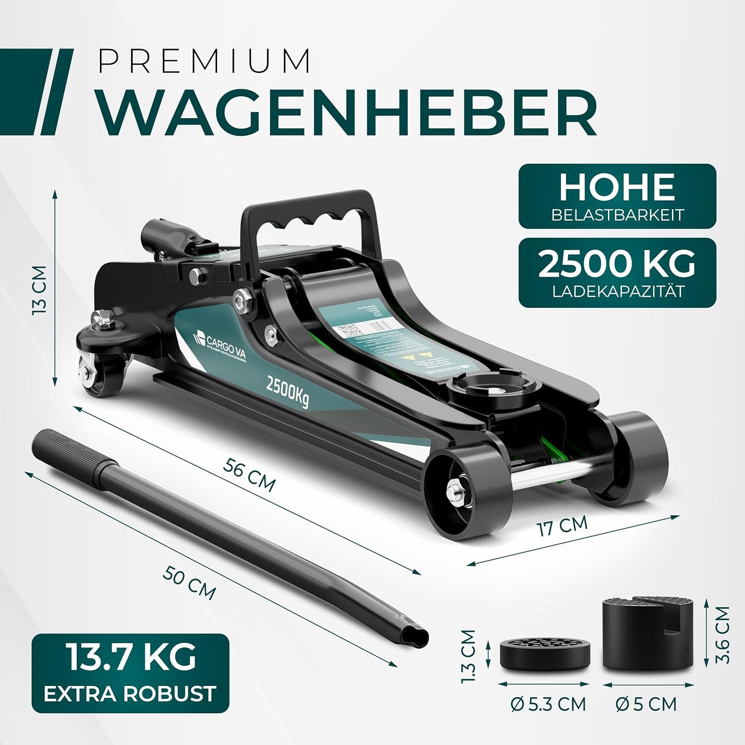 CargoVA® Hydraulic Trolley Jack 2.5T incl. 2 Rubber Pads, TÜV Certified, Max. Lifting Height: 38 cm, Jack Set, Jack Set incl. Rubber Pads, up to 2.5t; TÜV & GS Tested