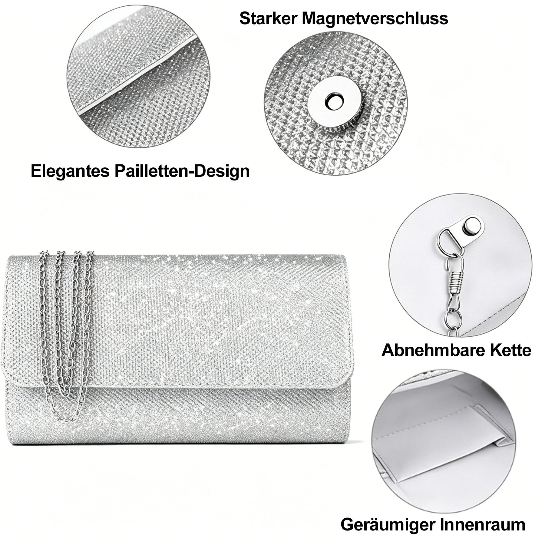 Keyura Abendtasche Damen Clutch Glitzer Abendtasche mit Abnehmbarer Kette (Elegante Kettentasche Crossbody Schultertasche, für Hochzeit, Party, Date, Ball, Fest – Bild 5 von 5