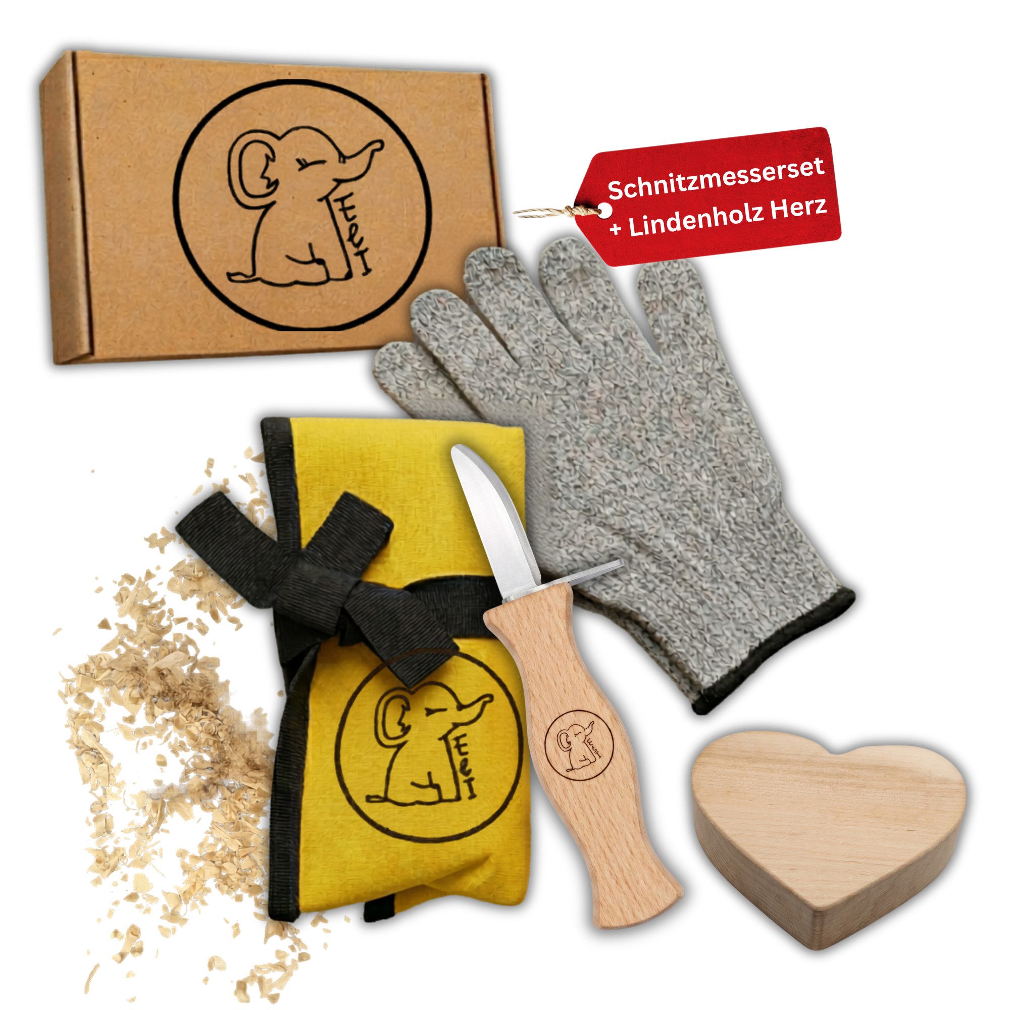 Eli Taschenmesser Schnitzmesser Kinder - inkl. Schnitzholz und Handschuhe, (Beidhändig - rostfreier Stahl - Griff aus Buchenholz, Kinderschnitzmesser - Schnitzwerkzeug - Outdoor Messer), Kindermesser - Schnitzset - Kindertaschenmesser