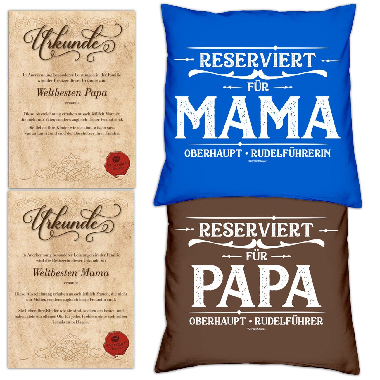 Soreso® Dekokissen Kissen-Set Reserviert Mama für Reserviert Set für Papa Urkunden, mit Muttertagsgeschenk royal-blau Vatertagsgeschenk