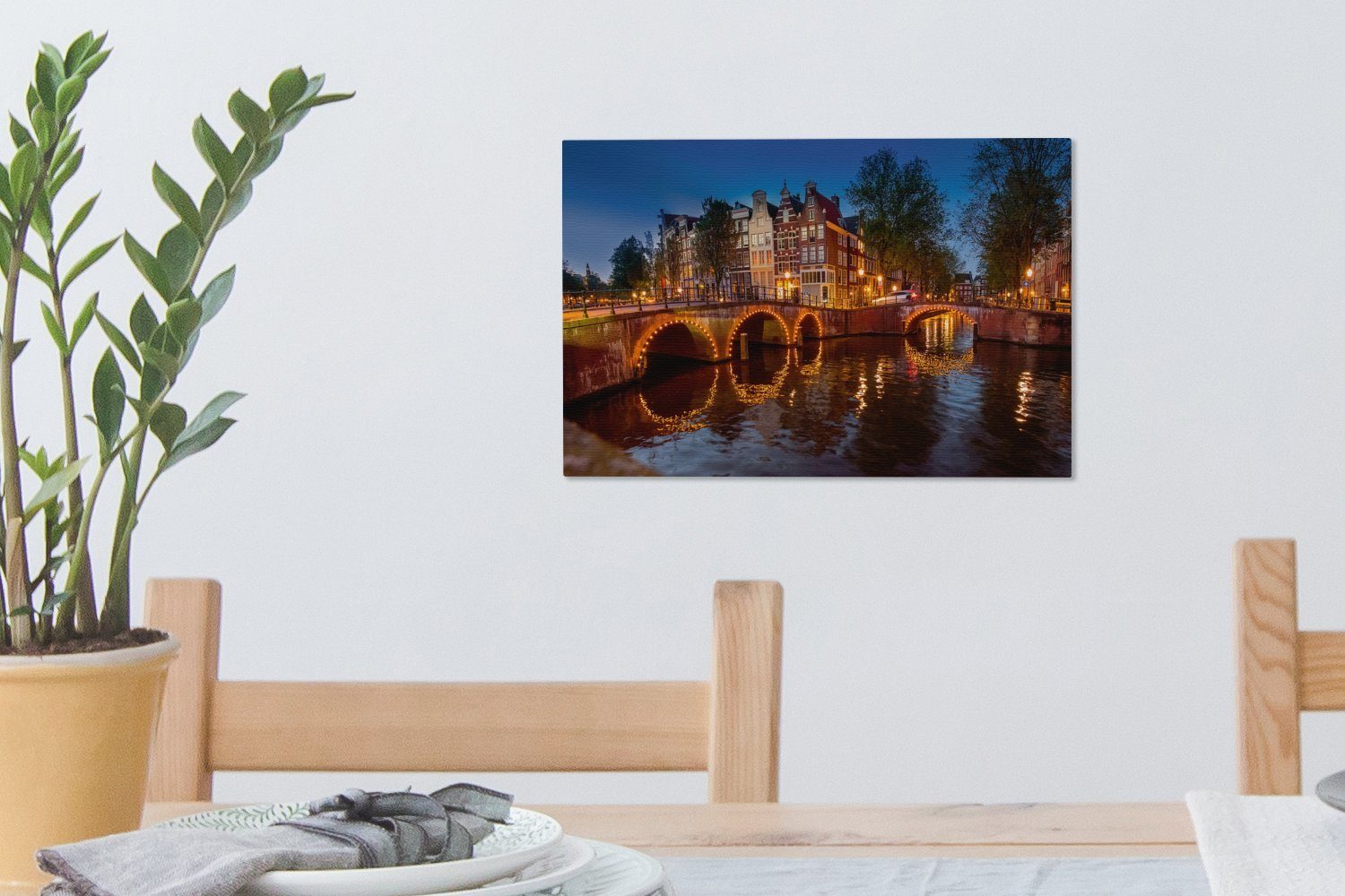 Wandbild 30x20 (1 Aufhängefertig, einer Amsterdams cm Keizersgracht Leinwandbilder, Brücke, mit St), beleuchteten Wanddeko, Leinwandbild OneMillionCanvasses®