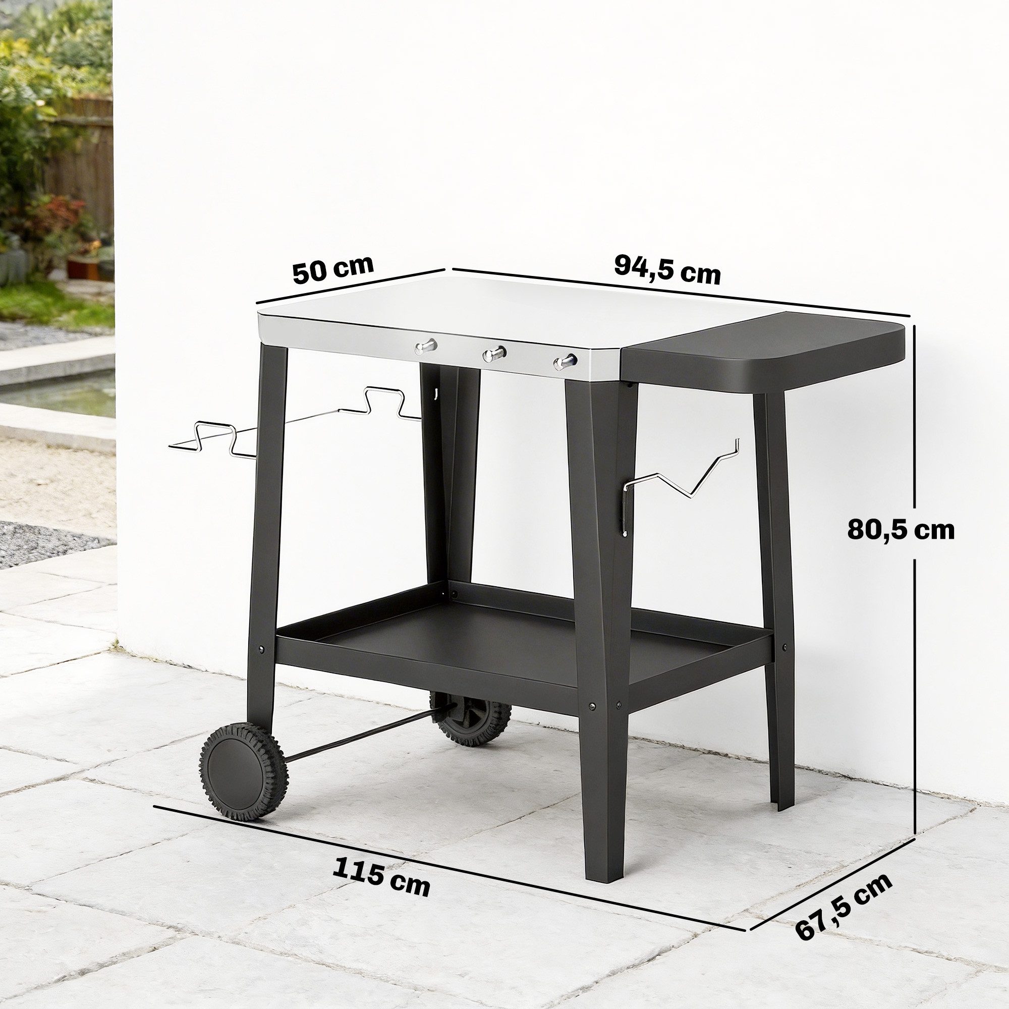 Outsunny Servierwagen Küchenwagen mit Rollen Haken Papierrollenhalter Müllsackständer, (Rollwagen, 1 St., Küchenwagen mit Rollen), aus Edelstahl 115 x 67,5 x 80,5 cm Schwarz