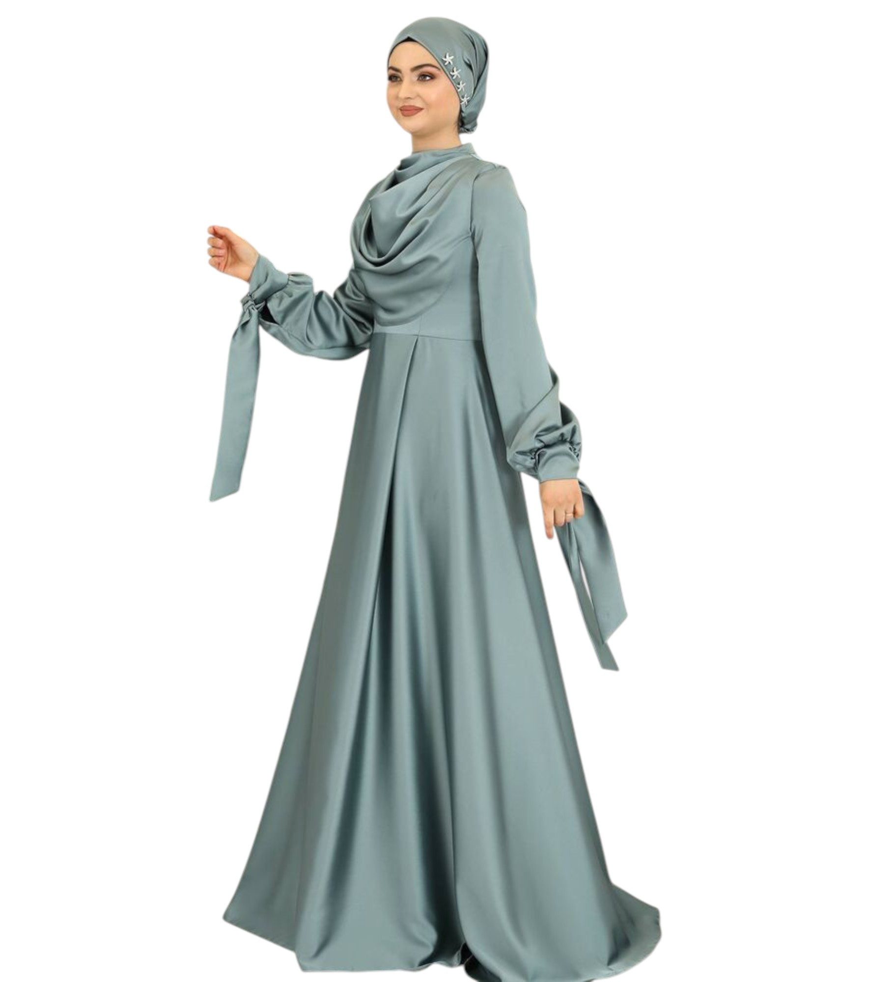 fashionshowcase Abendkleid Damen Maxikleid Satinkleid langarm Modest Fashion