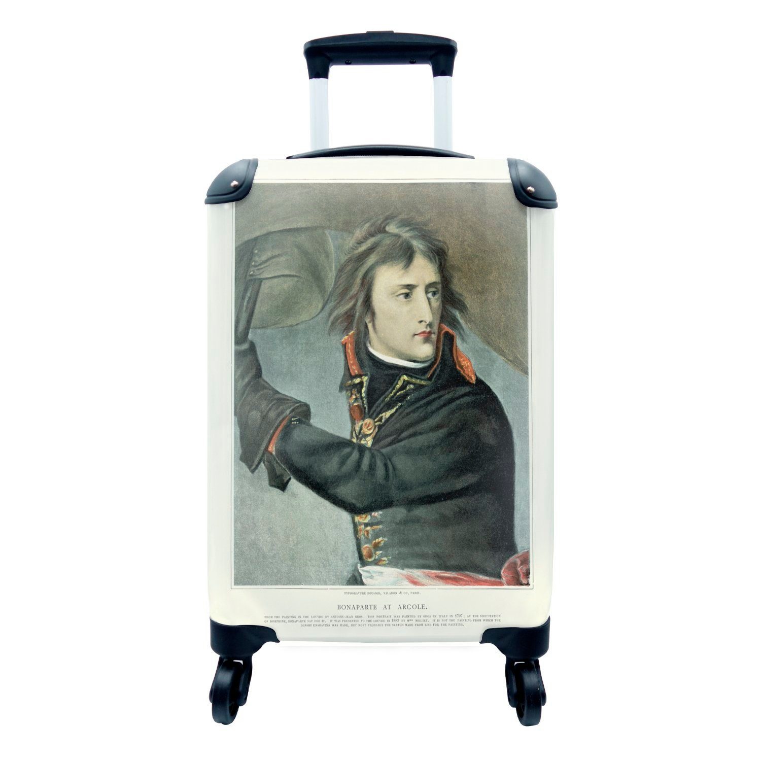 für mit von Handgepäck dunklen Reisekoffer Napoleon Rollen, Handgepäckkoffer Reisetasche Illustration vor rollen, Hintergrund, Trolley, MuchoWow einem 4 Bonaparte Ferien,