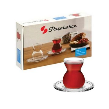 Pasabahce Gläser-Set Etnik, Glas, 12-teiliges Teeglas Set mit Untertassen, problemlos spülmaschinenfest