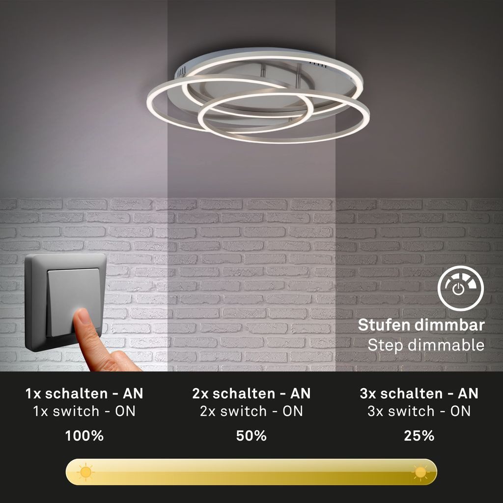 Briloner Leuchten LED Deckenleuchte 3248-012, Dimmfunktion, LED fest integriert, 2700K - Extra-Warmweiß, Memory, in Stufen dimmbar, Warmweiß 3000K, matt-nickel