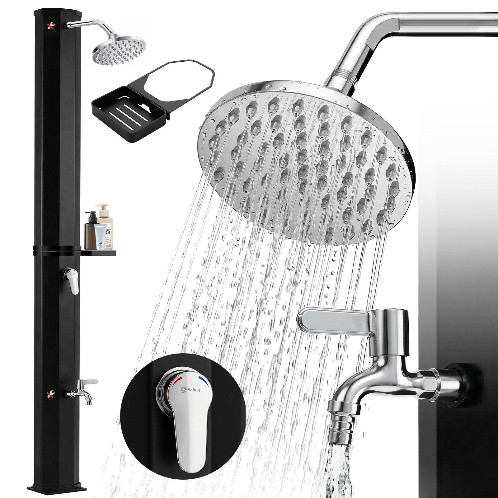 Sekey Solardusche 40L/ 60L Solar Gartendusche Pooldusche Campingdusche bis 60°C Wasser, 40L stromfreie Wassererwärmung, mit Direktanschluss für Gartenschlauch