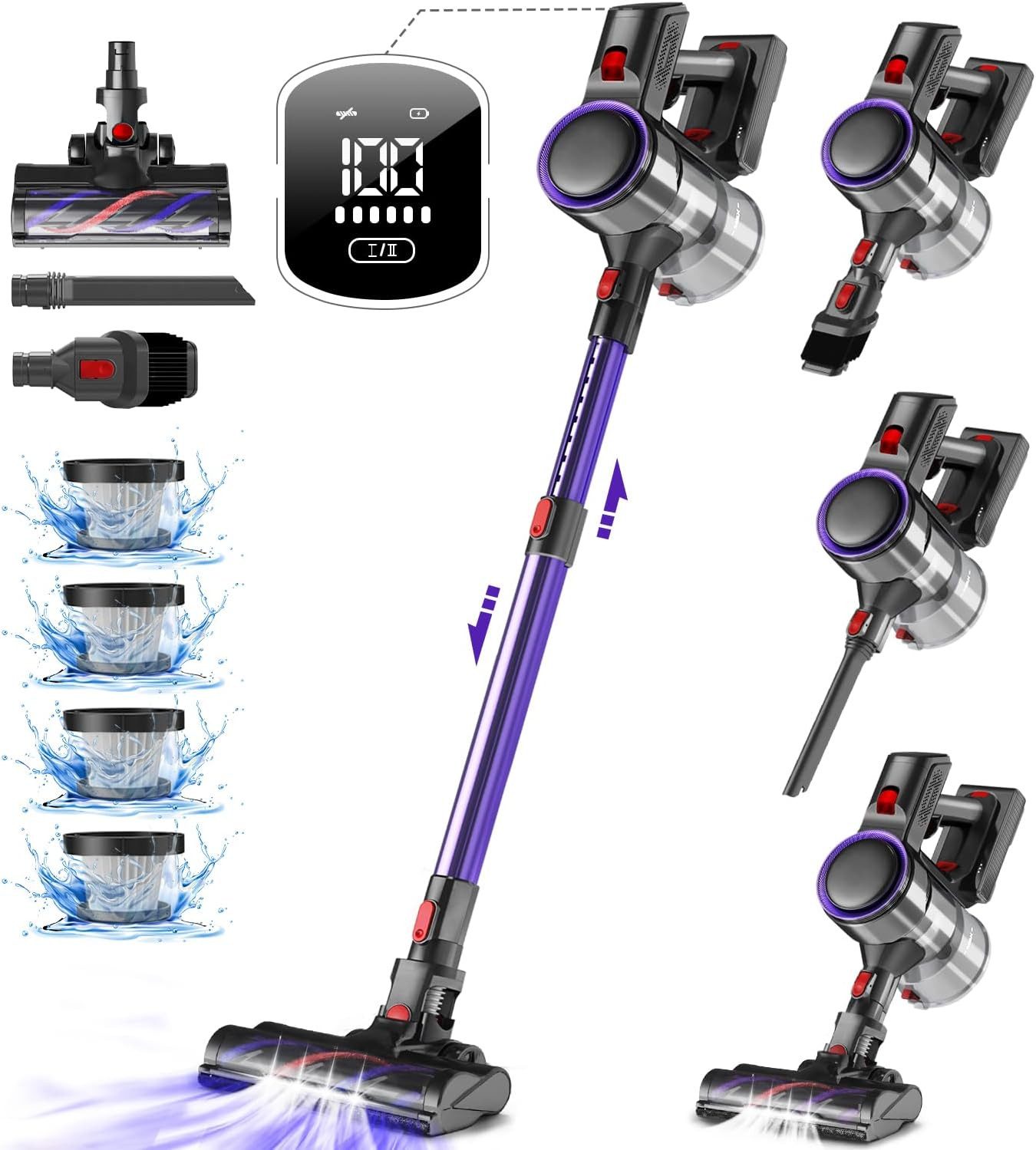 Hiazurm Akku-Hand-und Stielstaubsauger Akku Staubsauger, 45000Pa/550W/50Min/1.6L Kabelloser Staubsauger, 8-in-1 Akkusauger für Teppich, Hartboden, Tierhaare,Mit Dufttabletten, Mit LED Display,HEPA*4