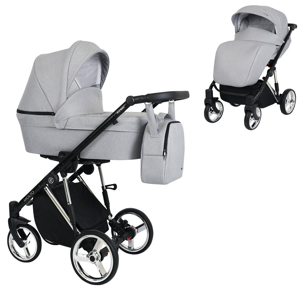 babies-on-wheels Kombi-Kinderwagen Molto Gold-Edition 2 in 1 - 12 Teile - von Geburt bis 4 Jahre Hellgrau = Gestell verchromt