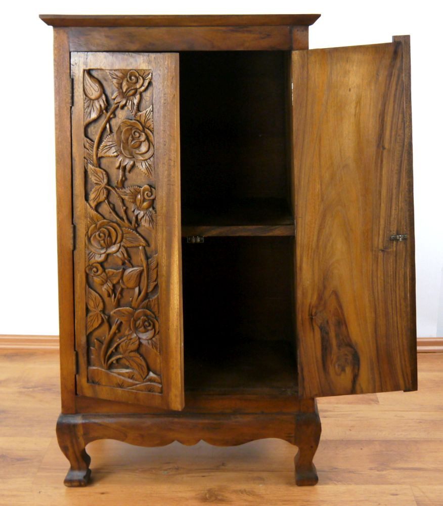 livasia Kommode Asiatischer Massivholz Schrank 55x35x100cm mit Rosenschnitzerei