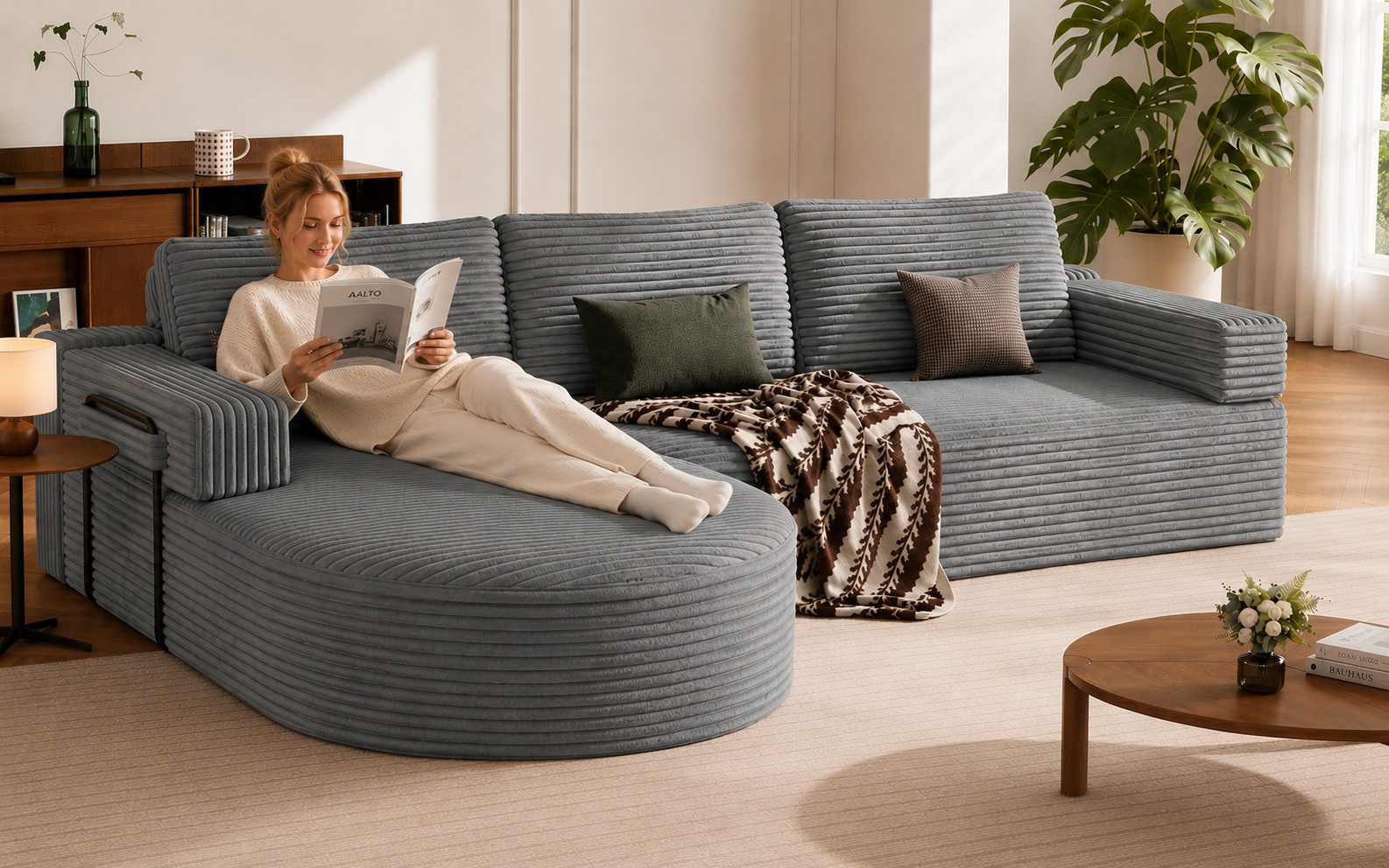 Patbrela Ecksofa Cord Schlafsofa L Form 265cm mit Abgerundeter Chaise Longue