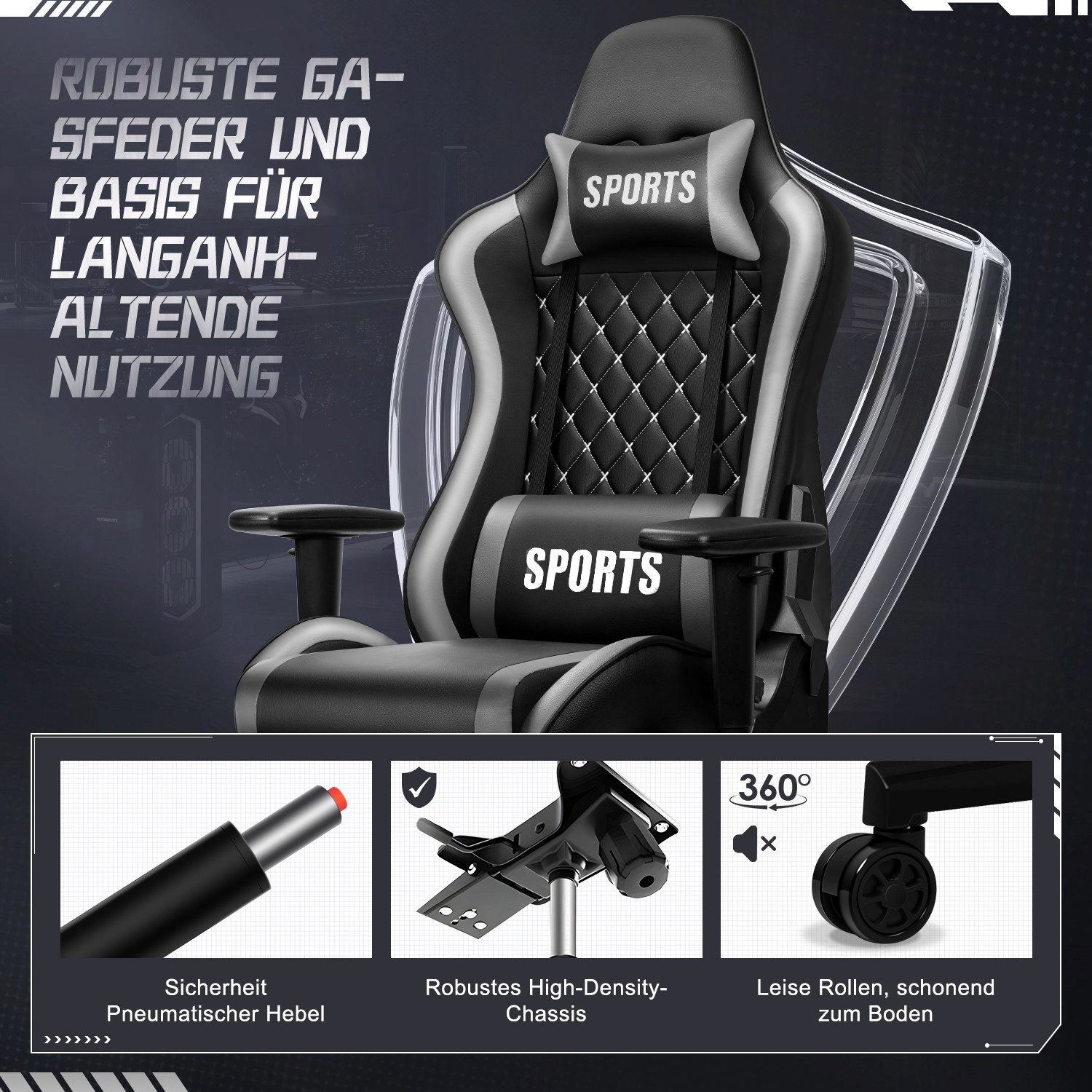 Adormii Gaming-Stuhl Gaming stuhl mit verstellbaren Armlehnen, ergonomisch gaming chair (90°–170° neigbar und arretierbar, gamingstuhl mit gepolsterter Kopfstüt – Bild 5 von 5