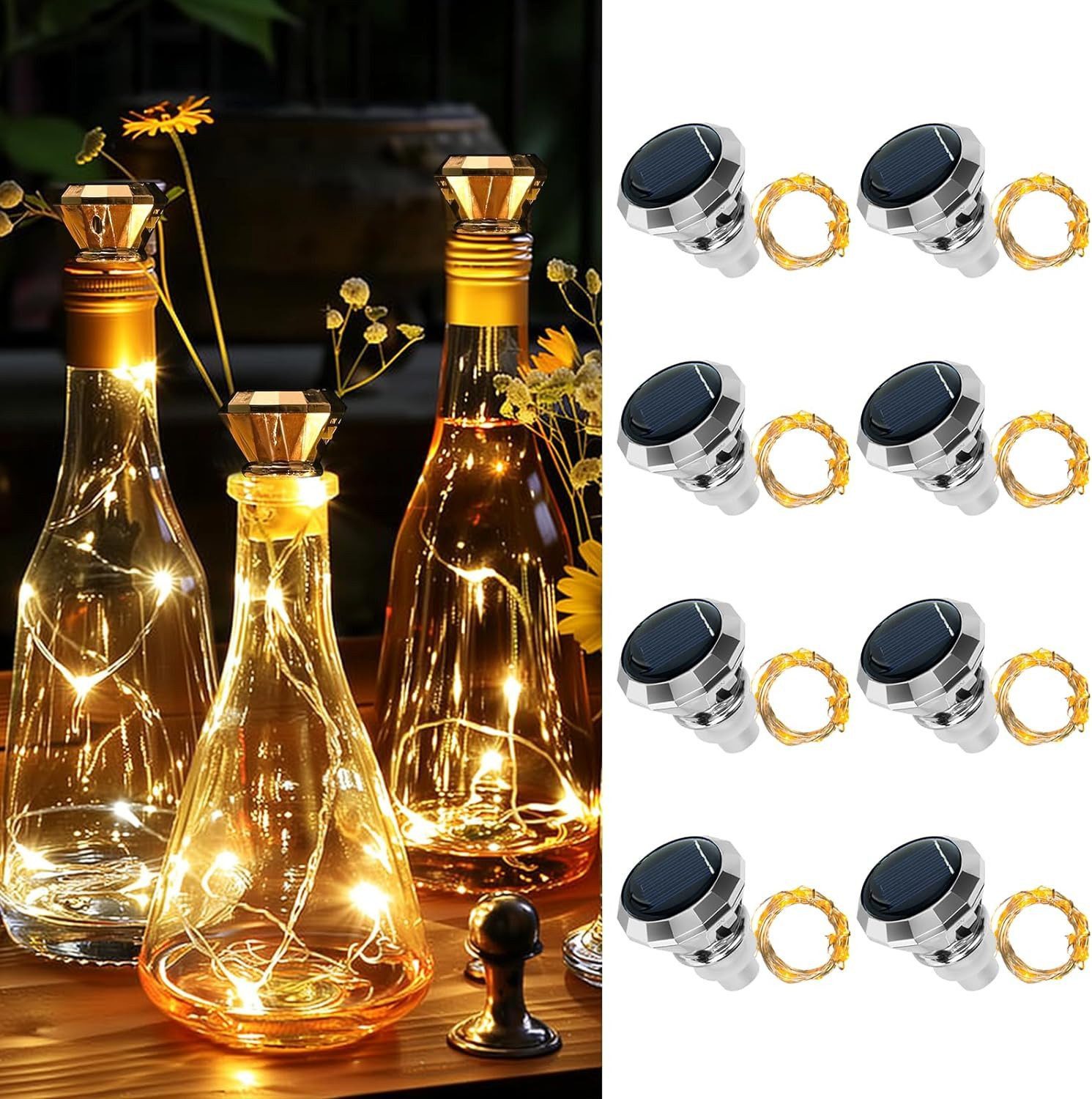 feinlux LED Solarleuchte 8 Stück LED Flaschenlicht, LED wechselbar, Lichtfarbe, 20 LEDs 2M flaschen lichterkette