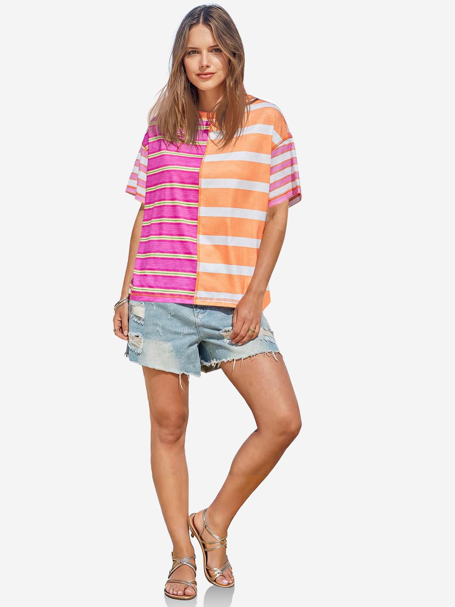 Imily Bela T-Shirt Damen gestreiftes Mehrfarb-Shirt (Packung, 1-tlg., 1per-Pack) Seitenschlitze