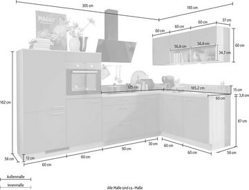 Kochstation Küchenzeile KS-Scafa, vormontiert, mit höhenverstellbaren Füßen, vormontiert, wahlweise mit E-Geräten, Stellbreite 305 x 185 cm