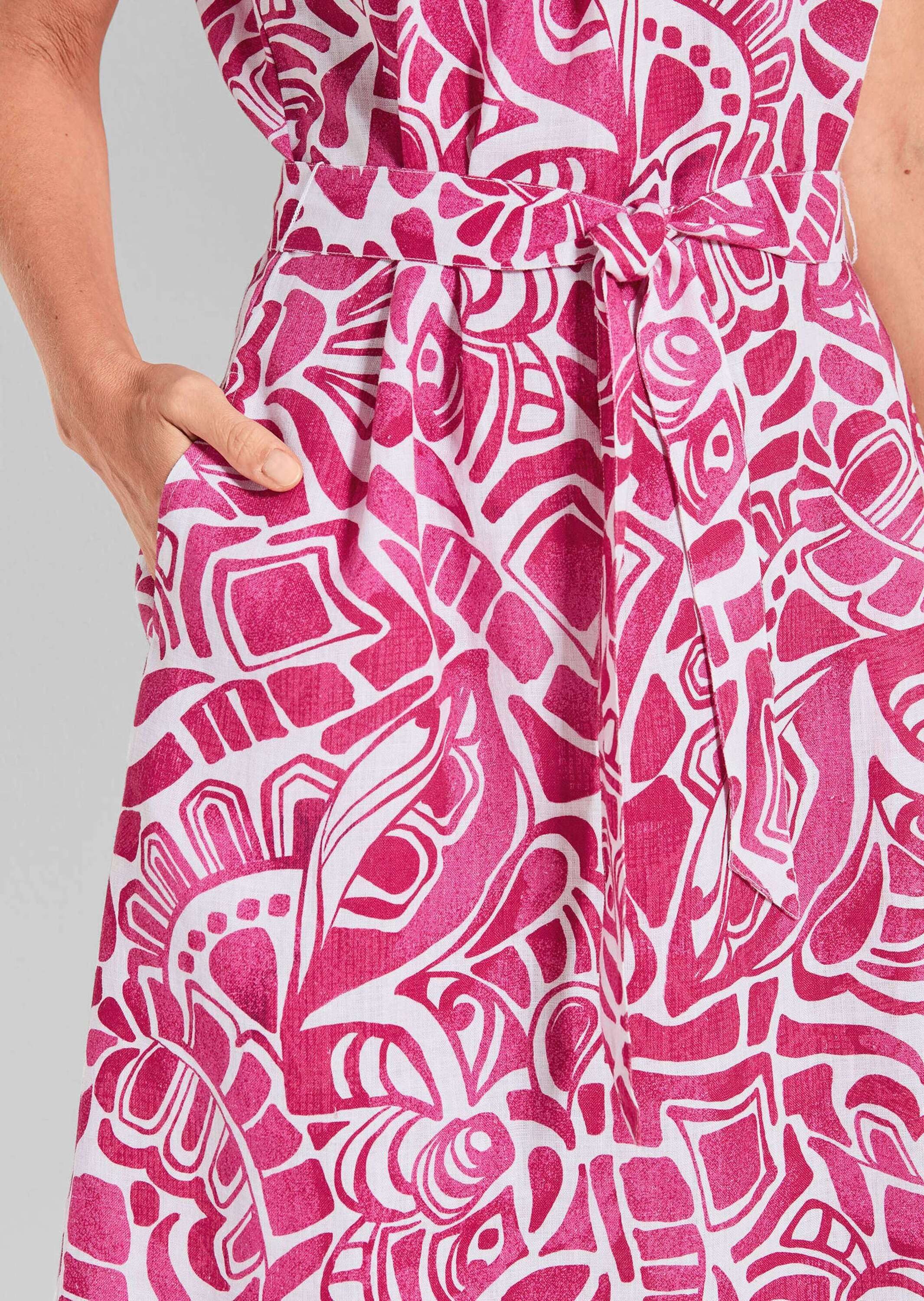 GOLDNER Sommerkleid Kurzgröße: Leinenkleid Ethno, Halbarm Printkleid aus Leinen, gemustert, figurbetont, Halbarm, tailliert