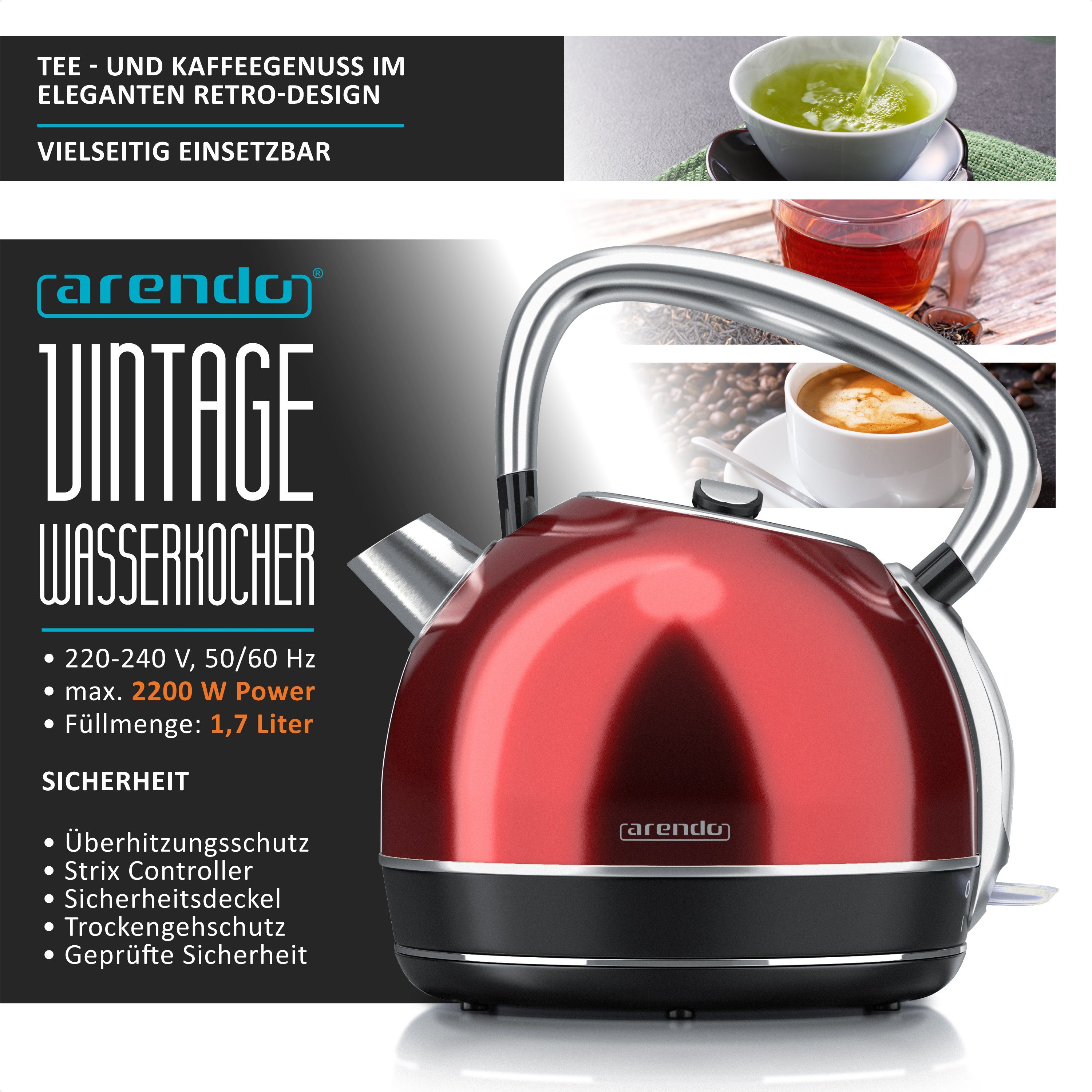 Arendo Frühstücks-Set Edelstahl Wasserkocher 1,7l, 4-Scheiben Langschlitz Toaster, rot (2-tlg), Frühstücksset, Wasserkocher Retro, 2200W, Toaster Brötchenaufsat – Bild 2 von 5