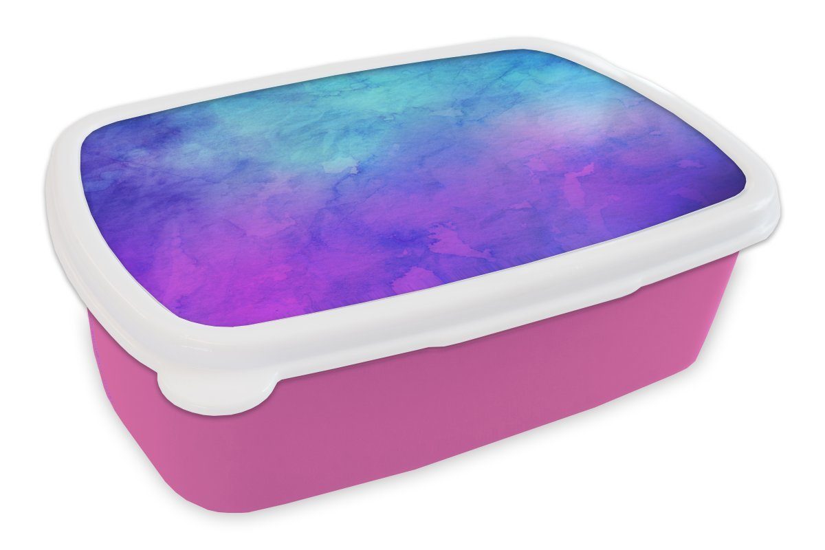 MuchoWow Lunchbox Aquarell - Lila - Blau - Hellblau, Kunststoff, (2-tlg), Brotbox für Erwachsene, Brotdose Kinder, Snackbox, Mädchen, Kunststoff rosa