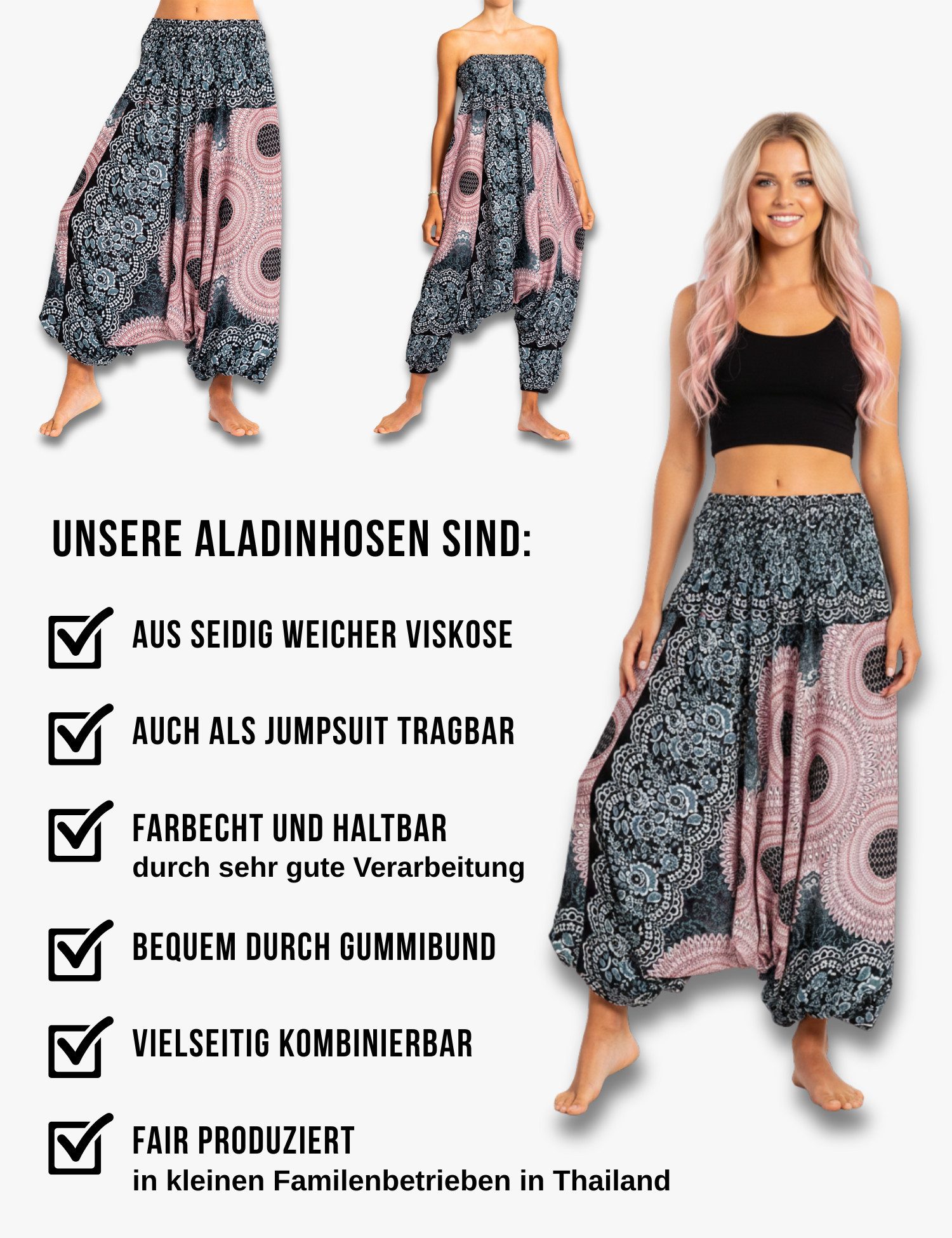 PANASIAM Haremshose Aladinhose im schönen Peacock Design Haremshose aus 100% natürlicher Viskose auch als Overall tragbar Damen Pumphose bequeme Freizeithose