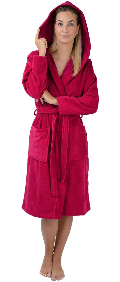 Wewo fashion Damenbademantel 5811, Langform, Veloursfrottier, Kapuze, Leicht-Velour
