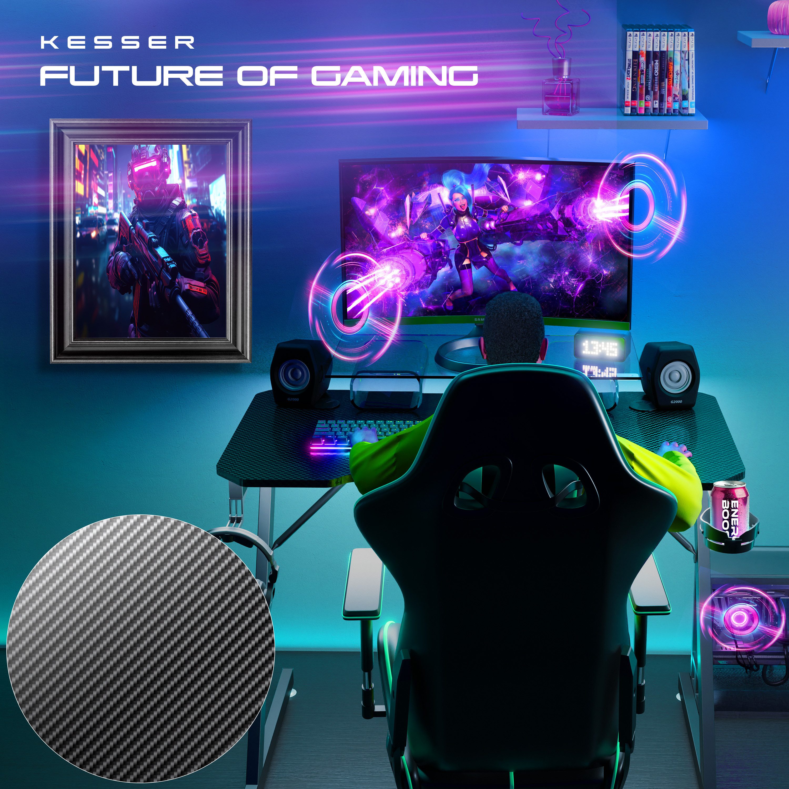 KESSER Gamingtisch, Gaming Schreibtisch mit Getränkehalter Ergonomischer Gamer Tisch