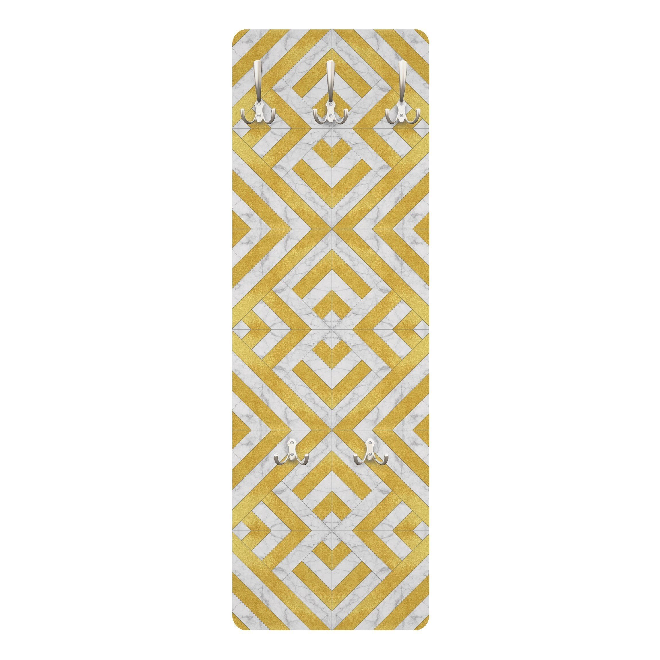 Bilderdepot24 Garderobenpaneel gold Fliesenoptik Muster Steinoptik Art Deco Gold Marmor Design (ausgefallenes Flur Wandpaneel mit Garderobenhaken Kleiderhaken hängend), moderne Wandgarderobe - Flurgarderobe im schmalen Hakenpaneel Design