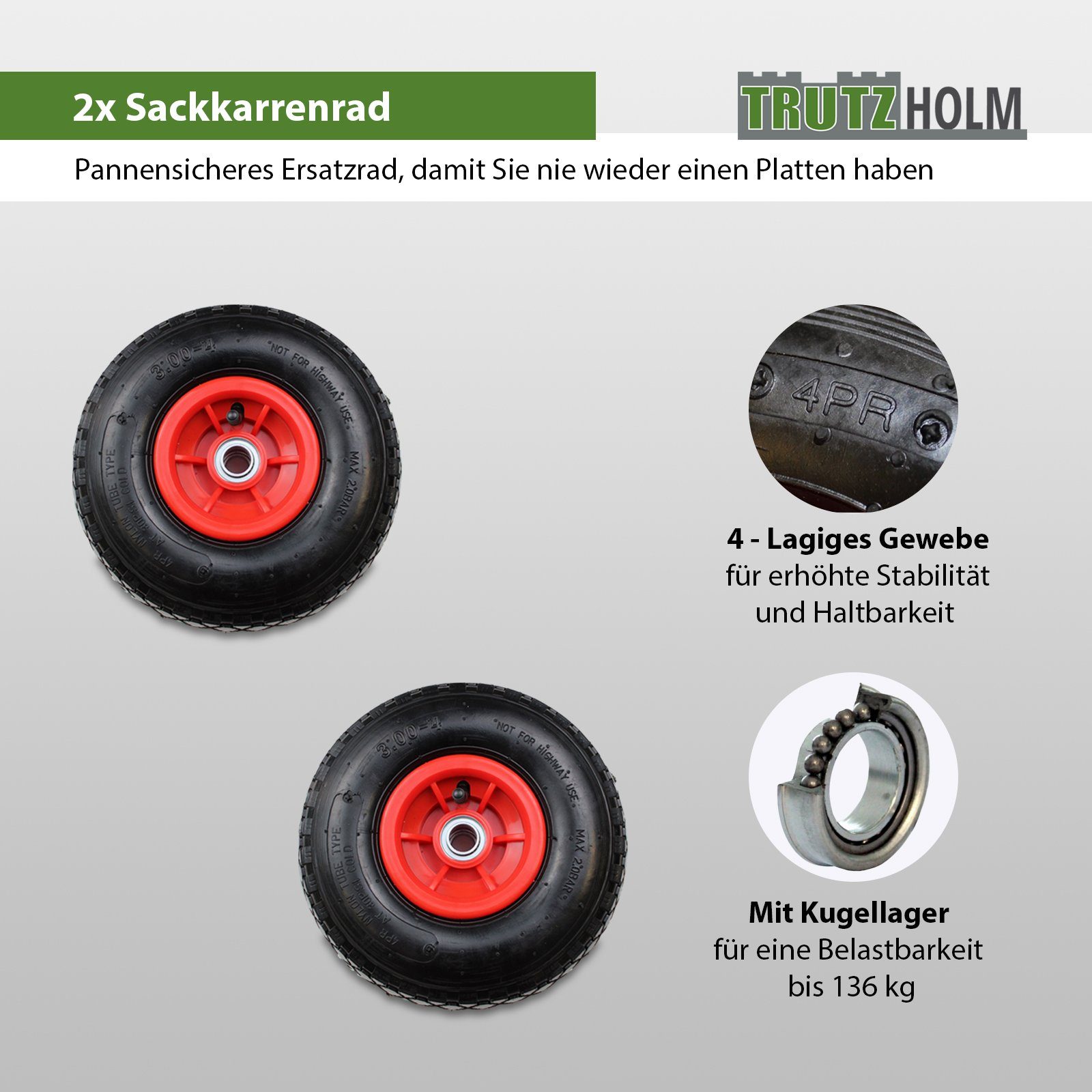 Sackkarren-Rad 2xLuftrad 260x85 mm versetzte Nabe Ø 20 mm rot robustes 4 PR Gewebe
