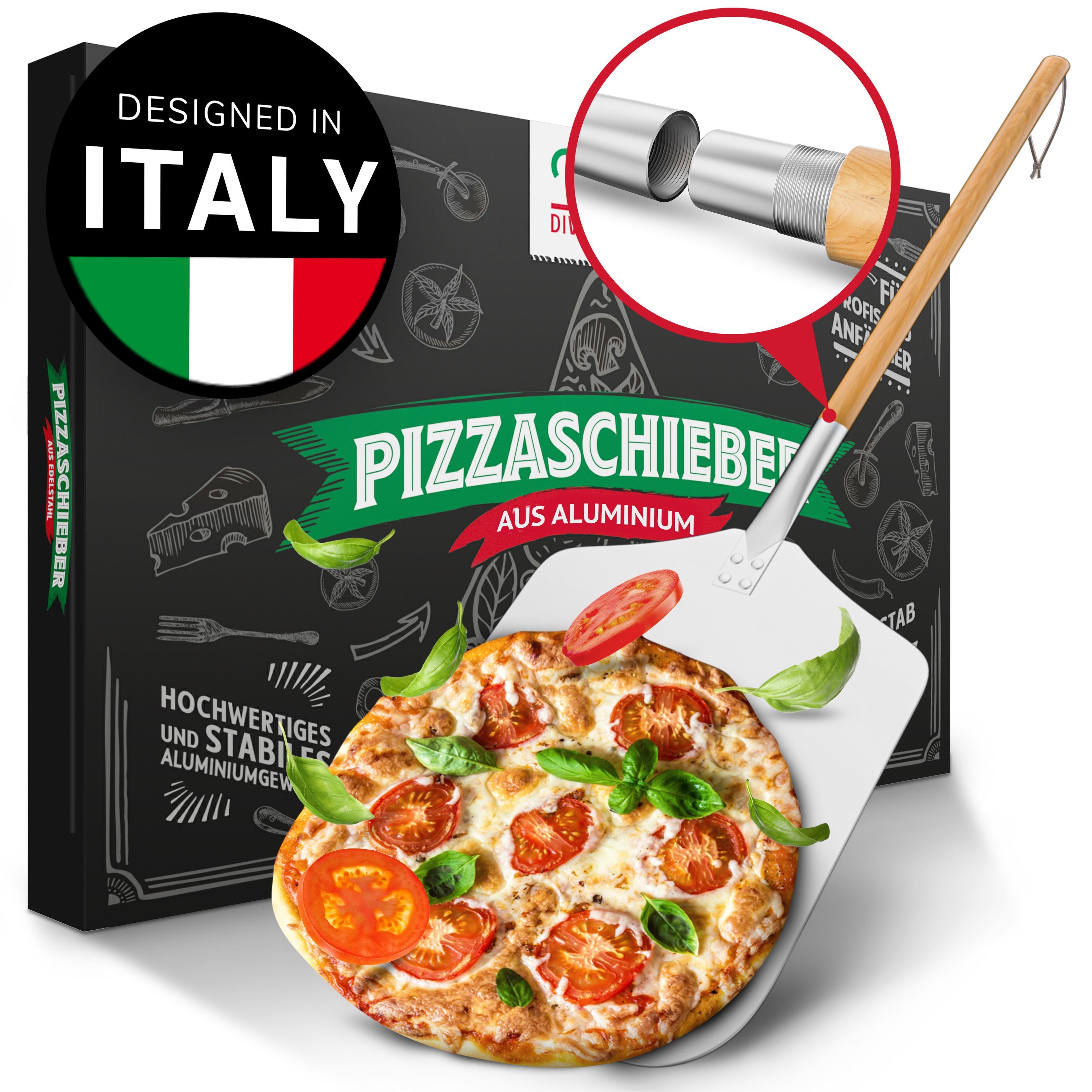 Pizza Divertimento Pizzaschieber aus rostfreiem Aluminium & Pappelholz [83 cm], hitzebeständig, abgeflachte Kanten, stabil