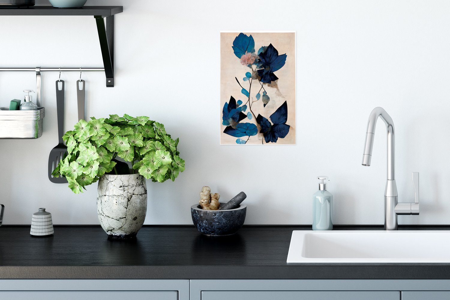 Wandposter Wandbild, - Blau - St), Pflanzen (1 Blumen, - MuchoWow Wohnzimmer, Poster Rahmen Ohne Blätter für Poster,