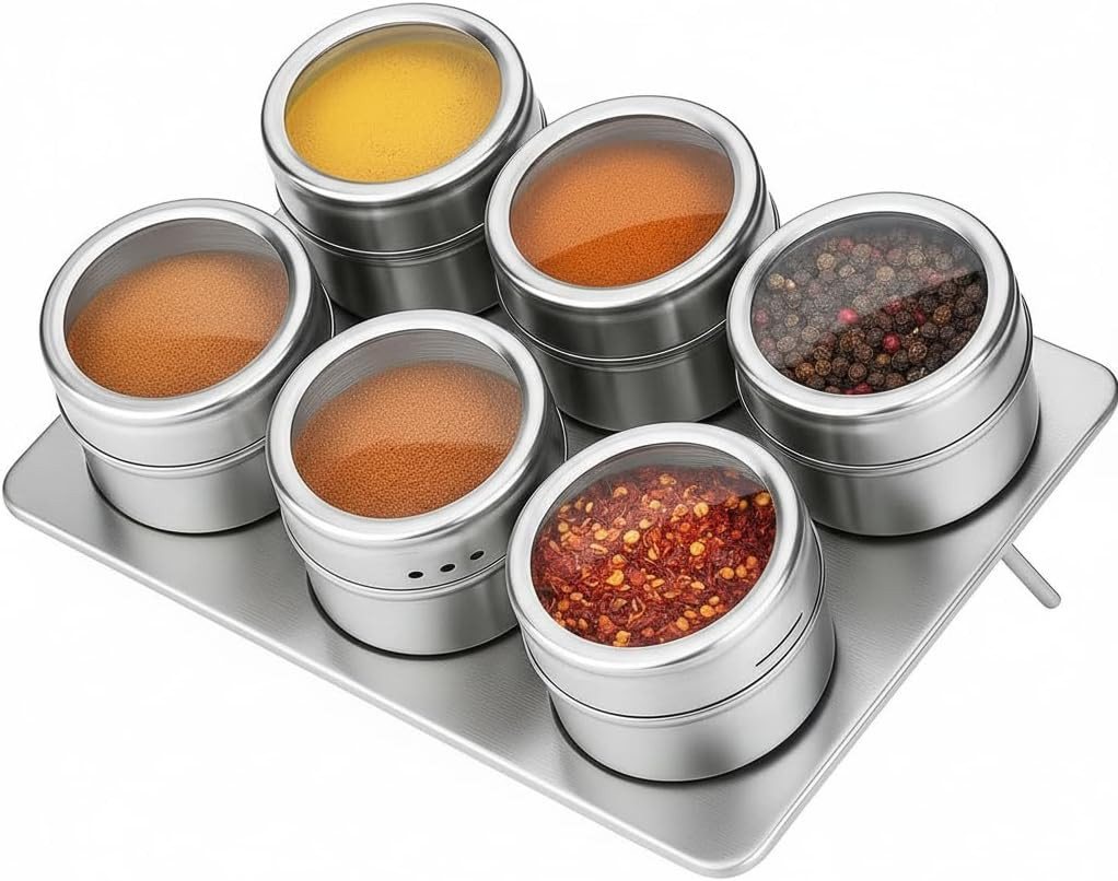 hausleben Gewürzbehälter Set aus Edelstahl Ø6x4,5 cm Gewürzdosen mit Metallplatte 15,5 cm, Edelstahl, (Set, 6-tlg., magnetisch für Kühlschrank & Küche), mit Sichtfenster & Drehdeckel