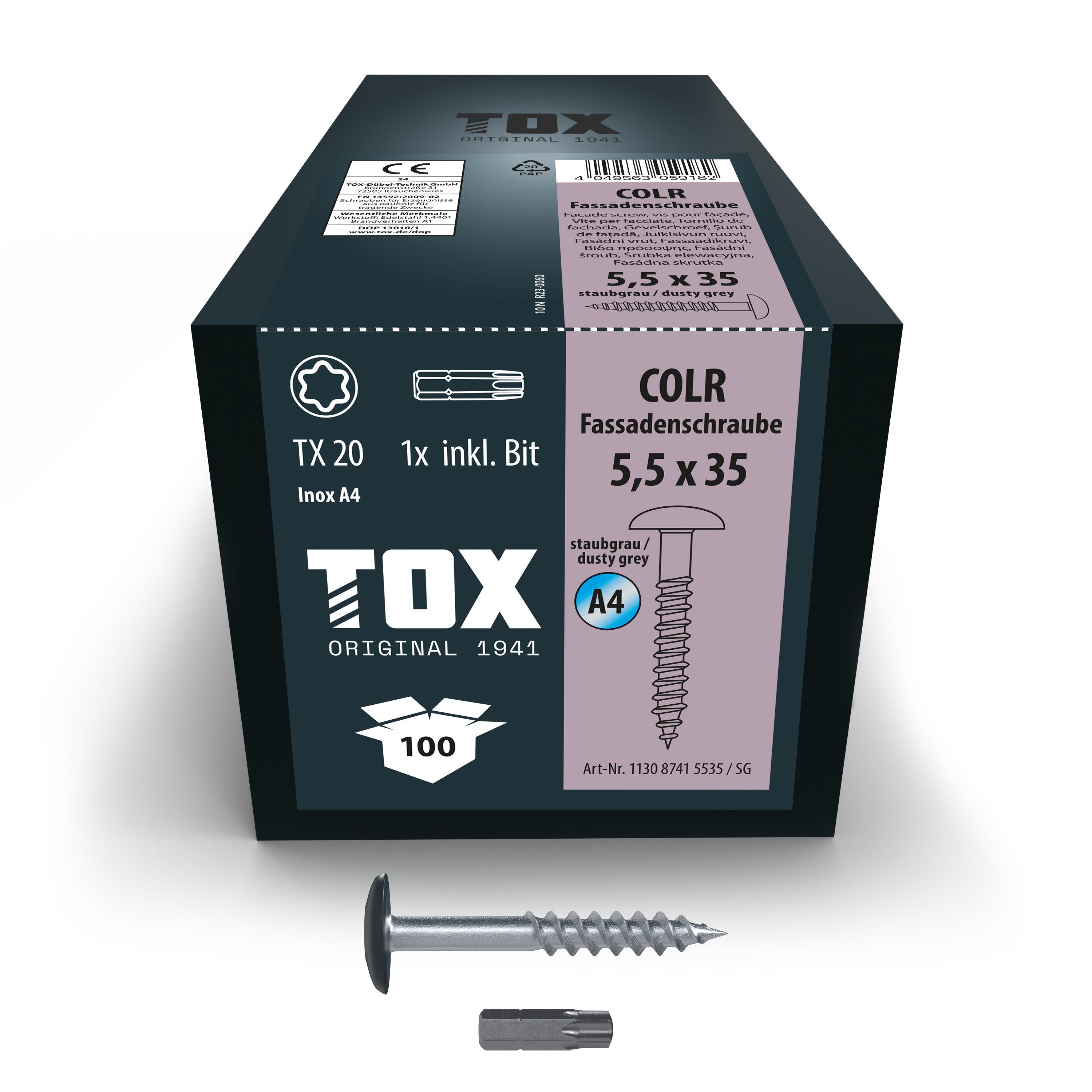 TOX-DÜBEL-TECHNIK Fassadenschraube TOX Fassadenschraube A4 (staubgrau RAL7037) TX20 5,5 x 35 (100 Stk)