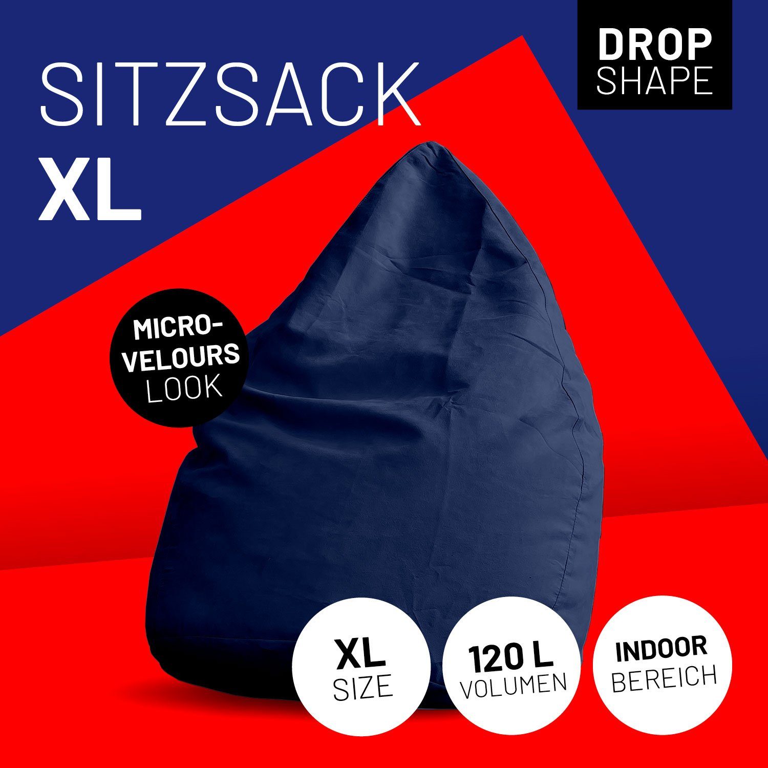 Luxury robust XL Bag weich dunkelblau waschbar Microvelours 120L Bodenkissen Lumaland Bean Sitzkissen Sitzsack 60x45cm,