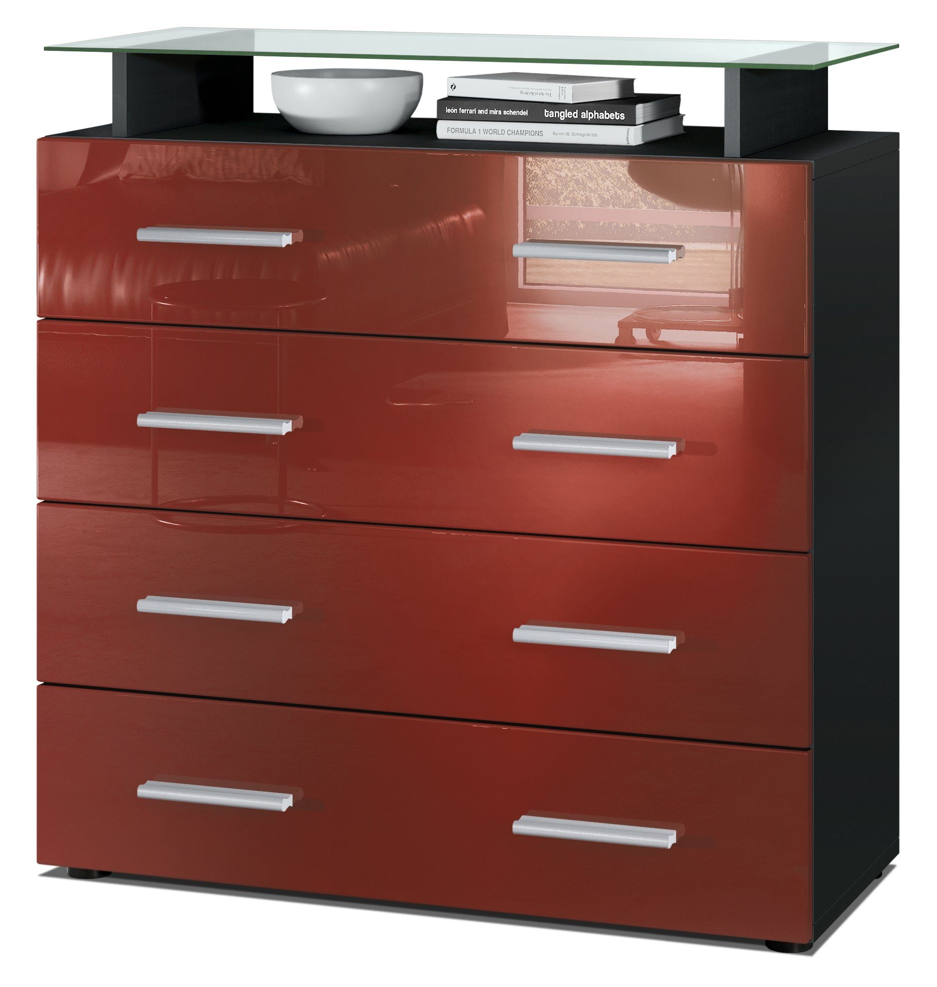 Vladon Kommode Pavos V2 (Kommode, mit 4 Schubladen und Glasablage), Schwarz matt/Bordeaux Hochglanz (76 x 81 x 35 cm)
