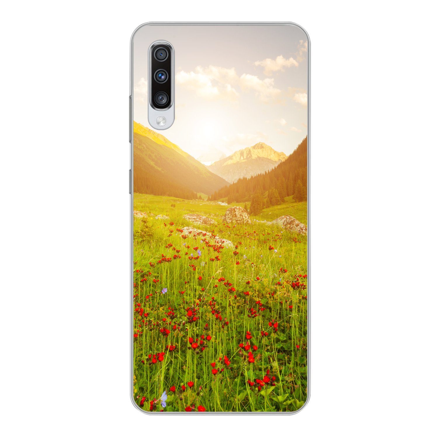 MuchoWow Handyhülle für Samsung Galaxy A70 Blumen - Berg - Sonne, Phone Case, Silikon, Schutzhülle Dünn