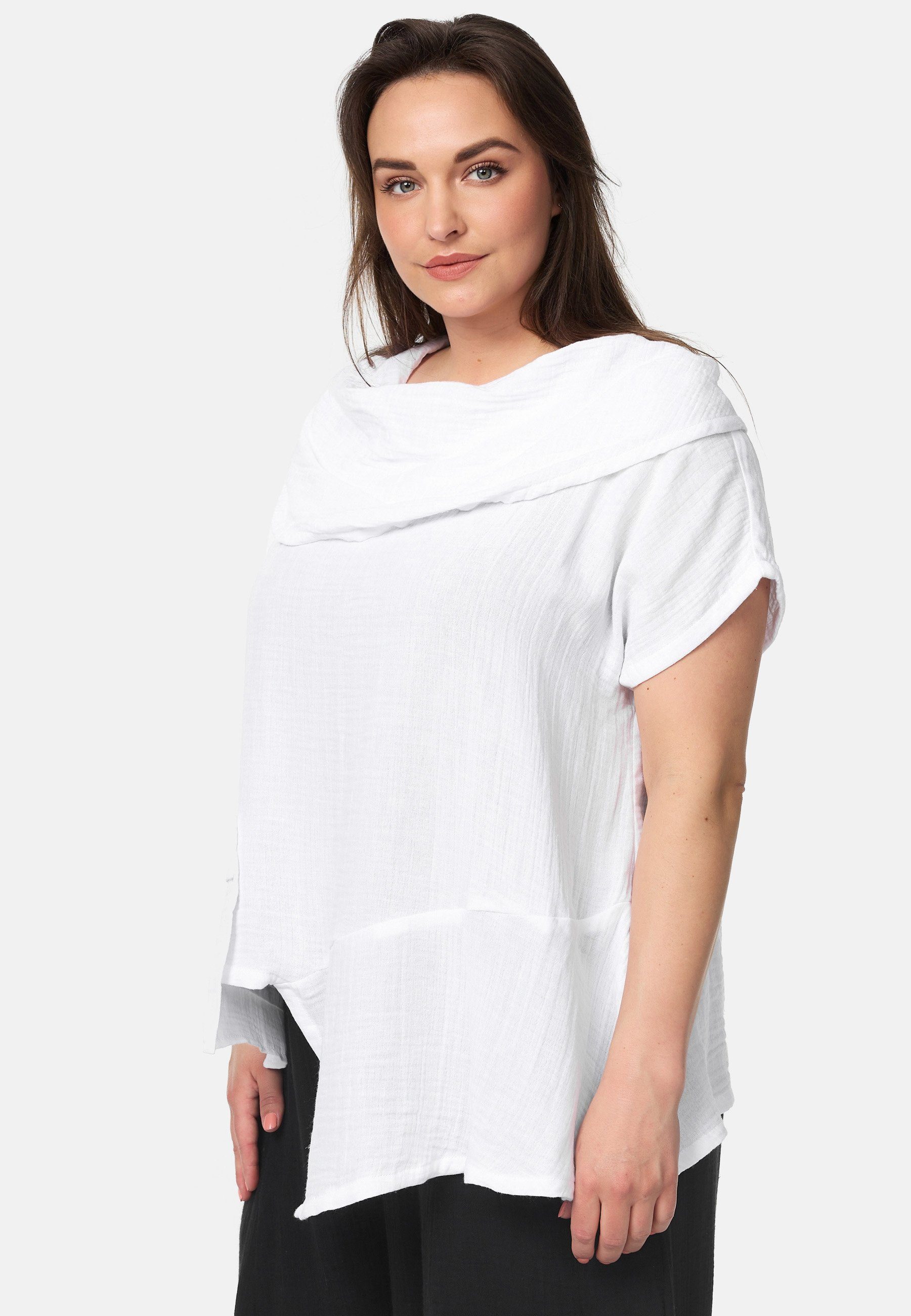 Wasserfallkragen Schnitt Kekoo 'Natura Kollektion Tunikashirt T-Shirt Asymmetrischer mit Weiß