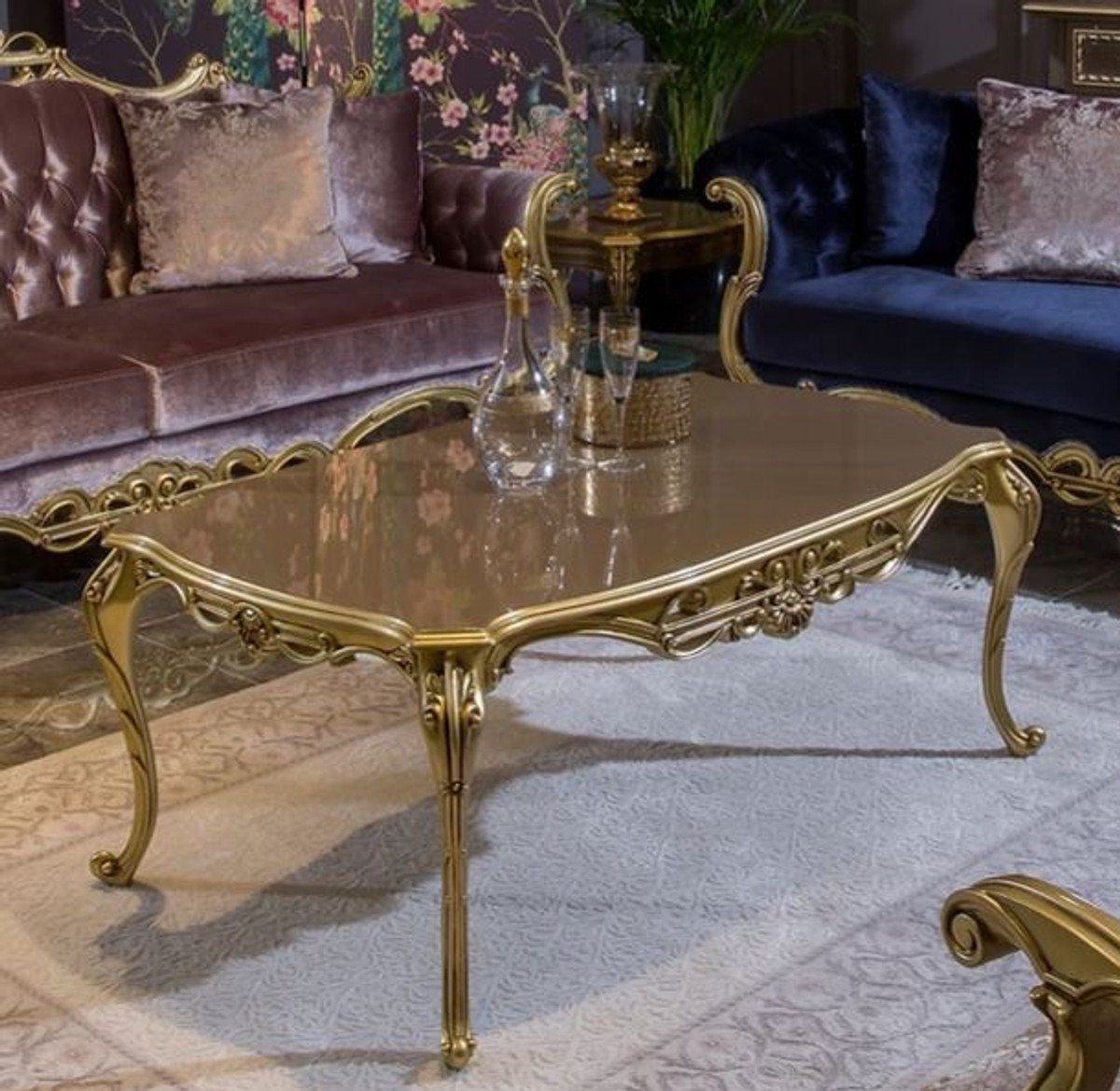 Casa Padrino Couchtisch Luxus Barock Couchtisch Grau / Gold 123 x 77 x H. 52 cm - Edler Massivholz Wohnzimmertisch im Barockstil - Prunkvolle Barock Möbel | Couchtische