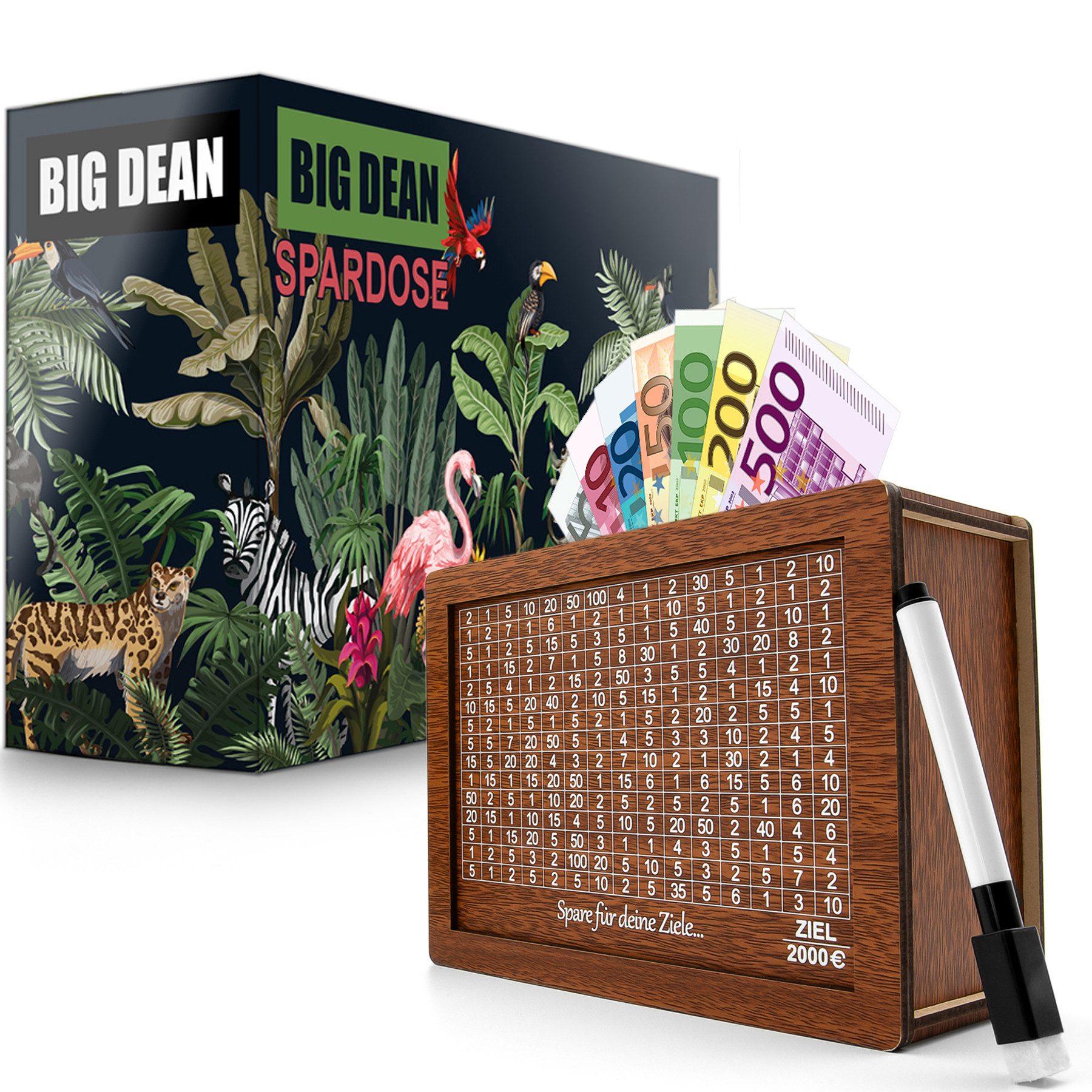 BigDean Spardose Spardose mit Ziel 2000€ aus Holz – Sparbox in Geschenkverp günstig online kaufen