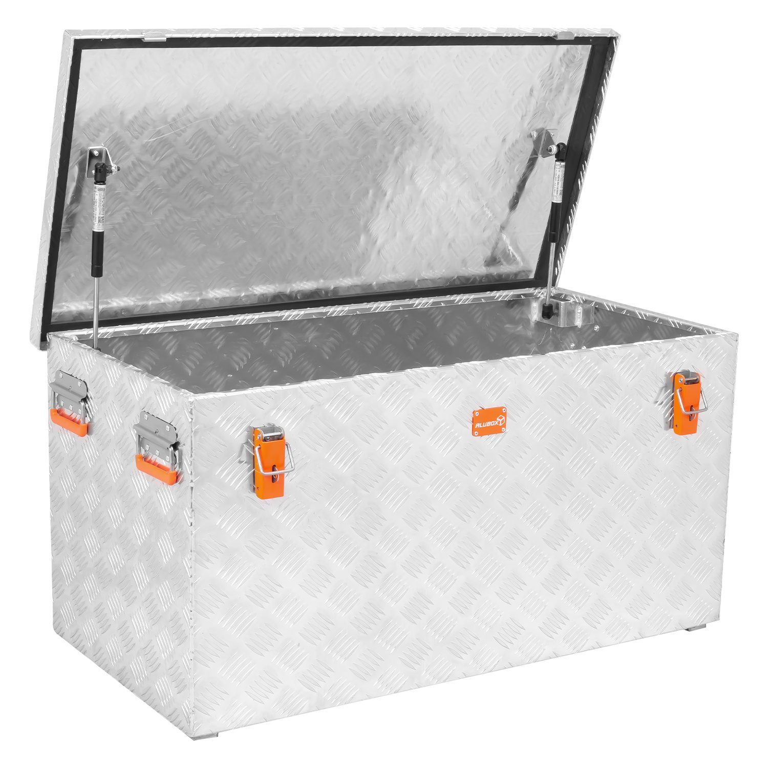 ALUBOX Aufbewahrungsbox aus Aluminiumriffelblech massive Transportkiste (250 Liter), Fangbänder & Gasdruckdämpfer im Deckel