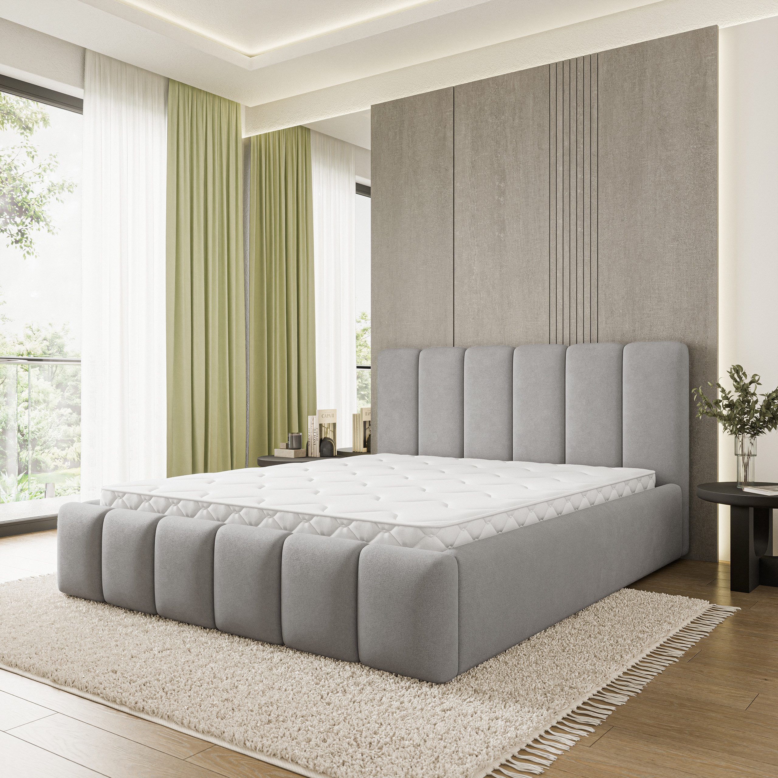 Masseno Polsterbett ATTORA 200x200 cm grau (mit Bettkasten und Lattenrost)