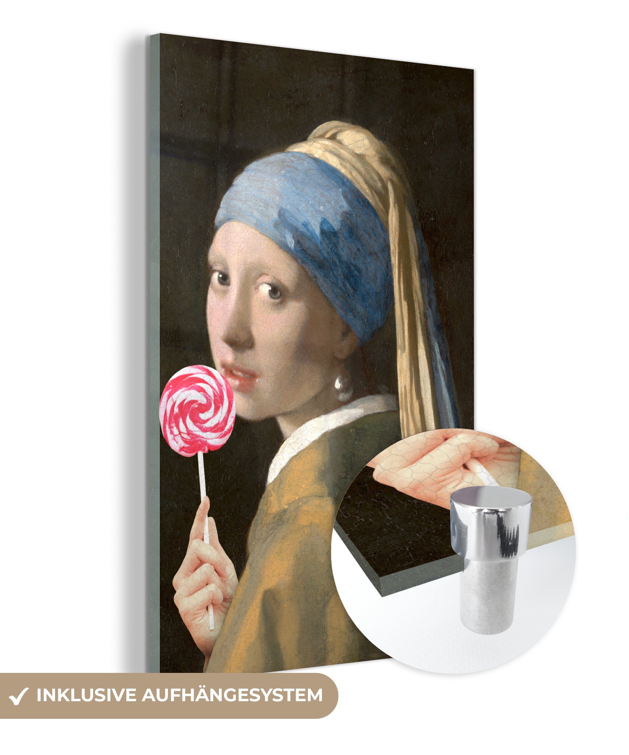 MuchoWow Acrylglasbild Mädchen - auf (1 - Johannes Wandbild Glas auf Vermeer Glasbilder mit - Foto Bilder Lollipop - Perlenohrring St), - bunt Wanddekoration Glas - Rosa