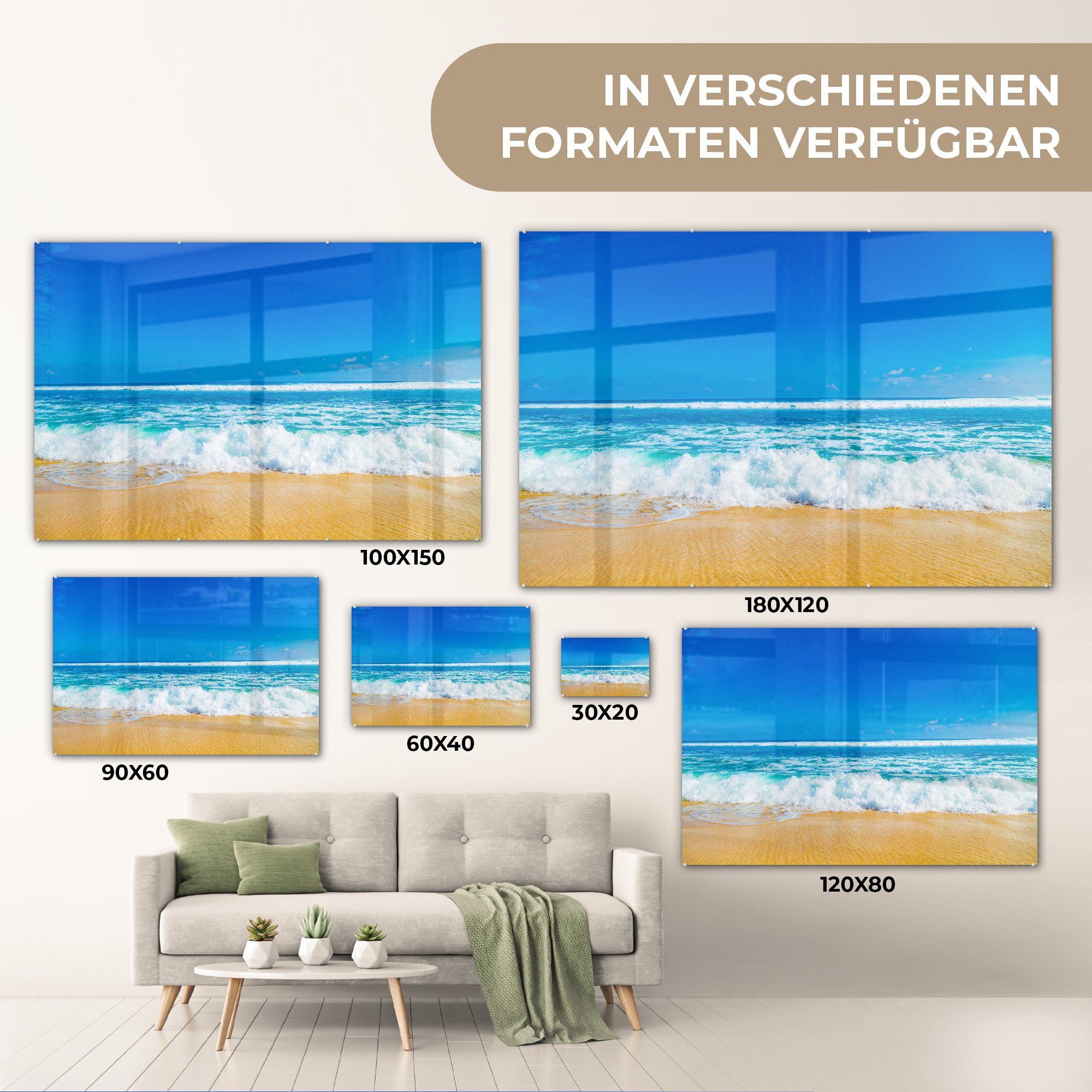 auf (1 Foto Glas Bilder Glas - - auf - MuchoWow Glasbilder Wandbild Strand Blau, - Acrylglasbild St), Meer - Wanddekoration