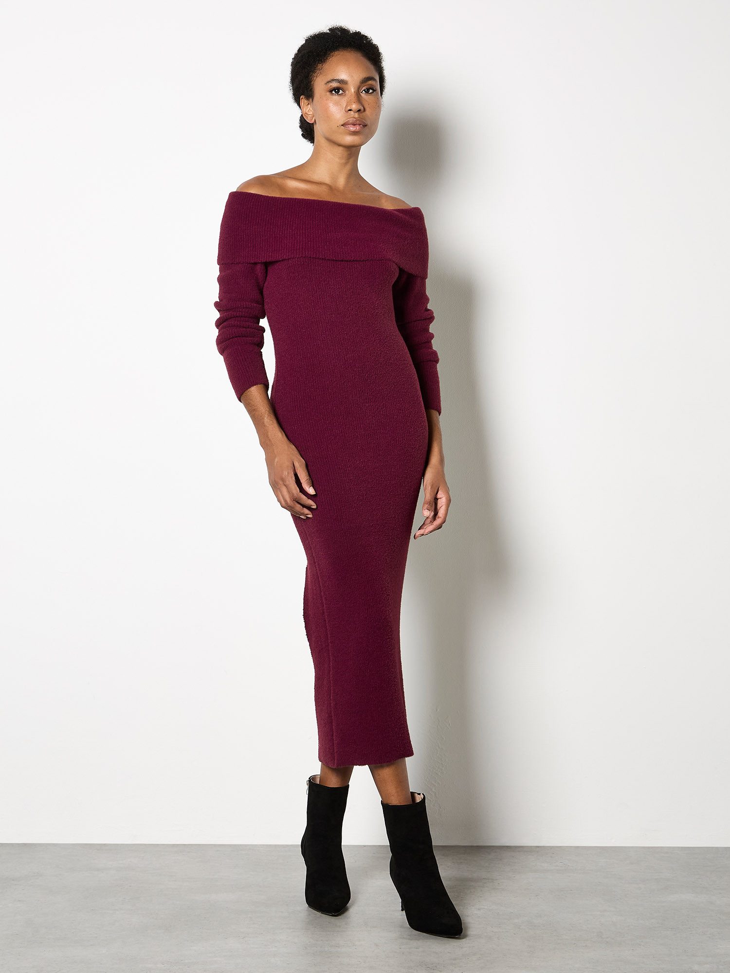 Apricot Strickkleid Midikleid mit Bardot-Ausschnitt