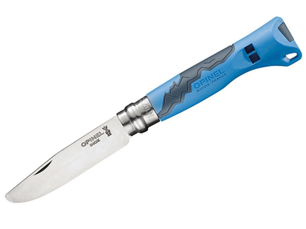 Opinel Taschenmesser Opinel No 07 OUTDOOR JUNIOR blau inkl. Etui, (mit passendem Messer-Etui, Kinder-Schnitzmesser mit abgerundeter Klingenspitze)