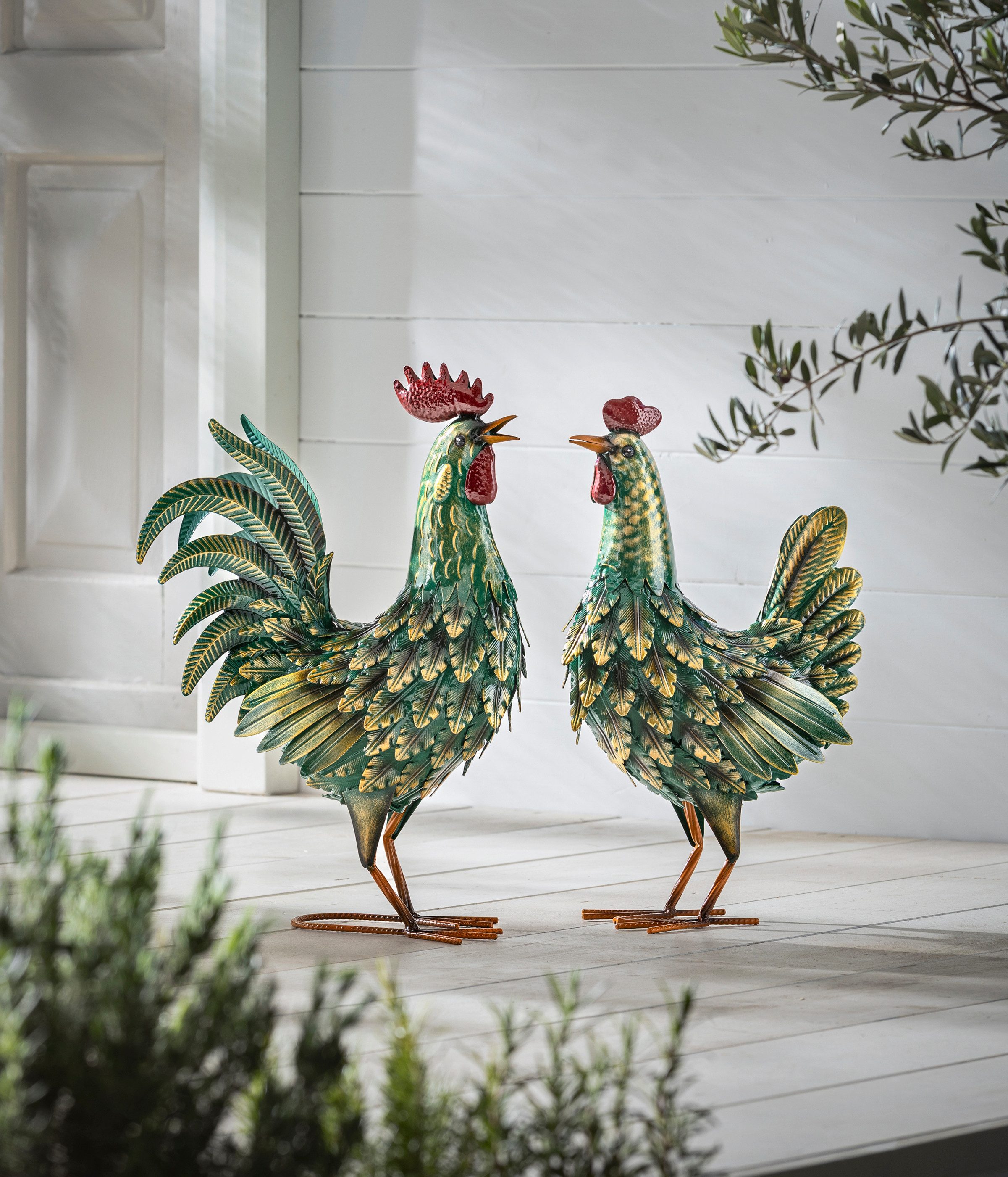 Dehner Gartenfigur Dekofigur Hahn / Huhn, handgefertigt, Eisen, grün / gelb, kunstvolle detaillierte Garten-Dekoration, frostbeständig