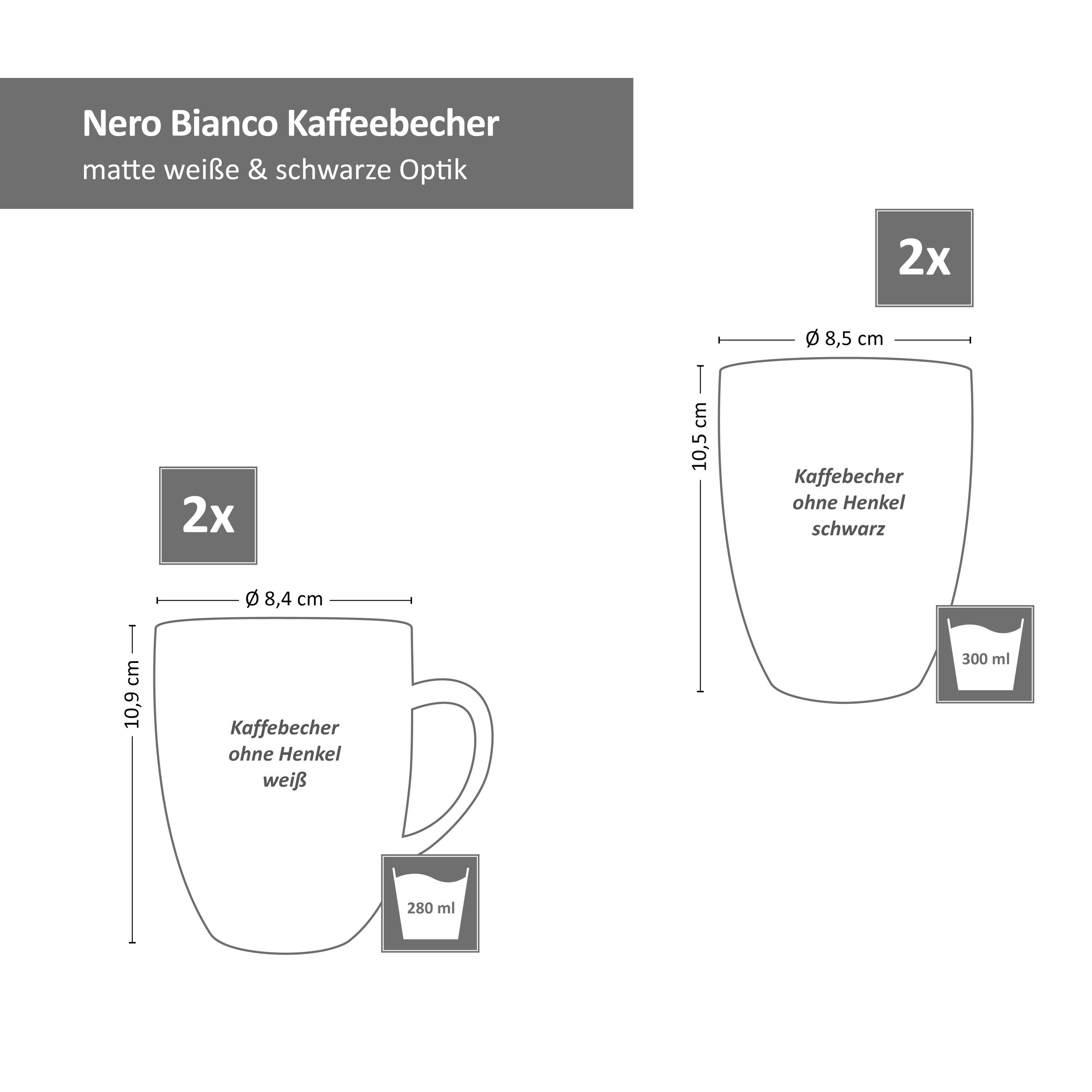 Kaffeebecher Tasse, 280ml & Nero Henkel 4x Weiß ohne Bianco Steingut Becher Schwarz mit MamboCat
