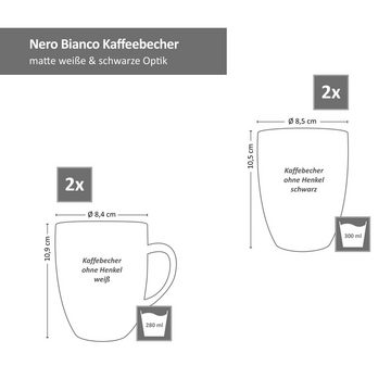 MamboCat Becher 4x Nero Bianco Kaffeebecher Weiß Schwarz 280ml mit & ohne Henkel Tasse, Steingut