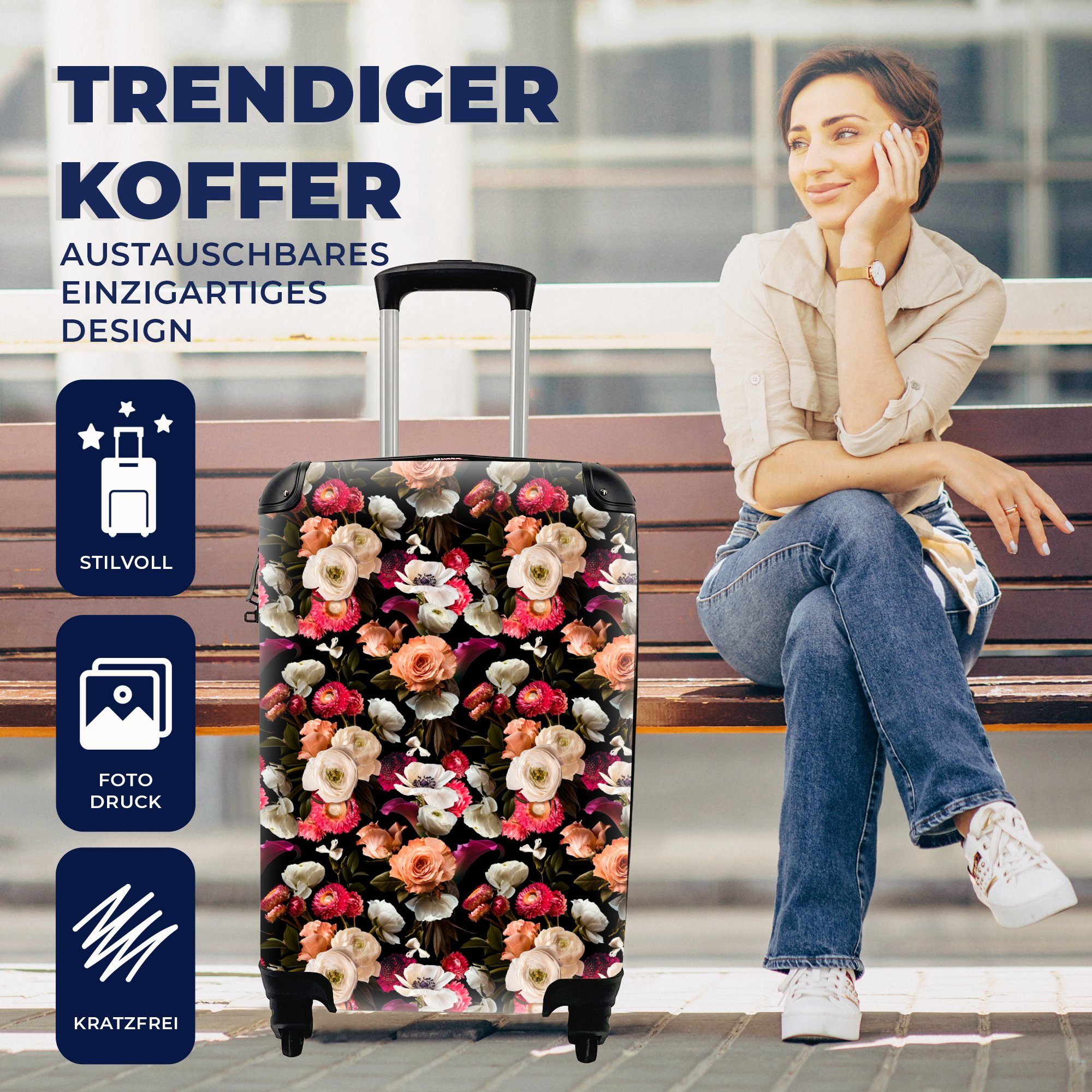 Trolley, - MuchoWow 4 für rollen, Reisekoffer Reisetasche Rollen, Blumen Ferien, Handgepäck Pastell, mit - Handgepäckkoffer Muster