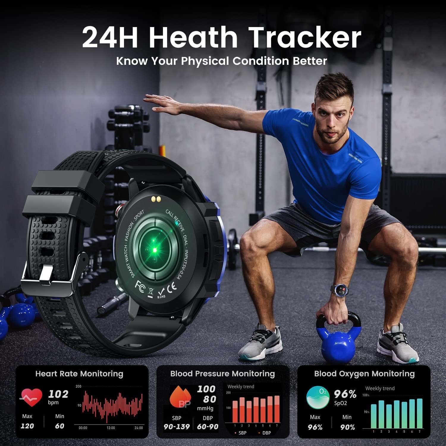 niizero Fur Herren mit Telefonfunktion: Fitness Tracker Armband Smartwatch  (1.42 Zoll, Android / iOS), mit Pulsmesser Schlafmonitor  SchrittzählerIP67Wasserdicht100+Sportmodi