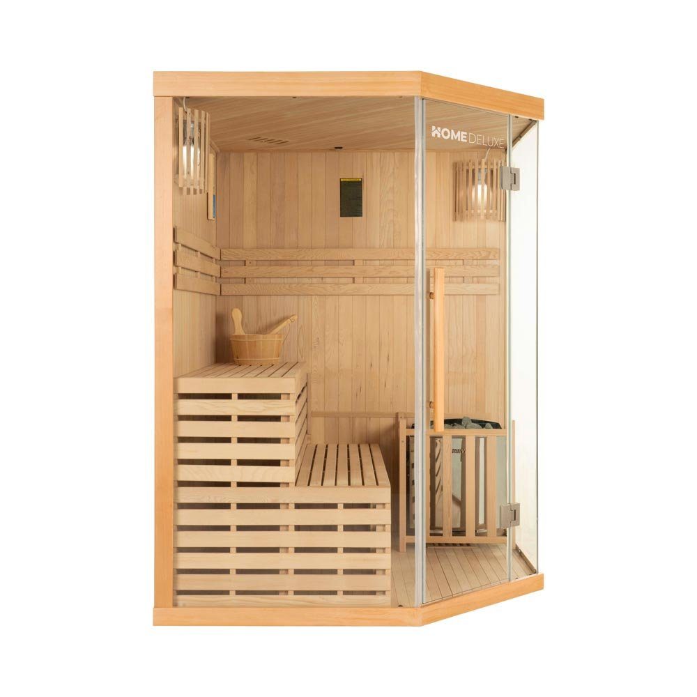 HOME DELUXE Sauna Traditionelle Sauna SKYLINE - XL, BxTxH: 150 x 150 x 200 cm, ideal für 3 Personen, 6 kW Saunaofen, aus Hemlocktanne