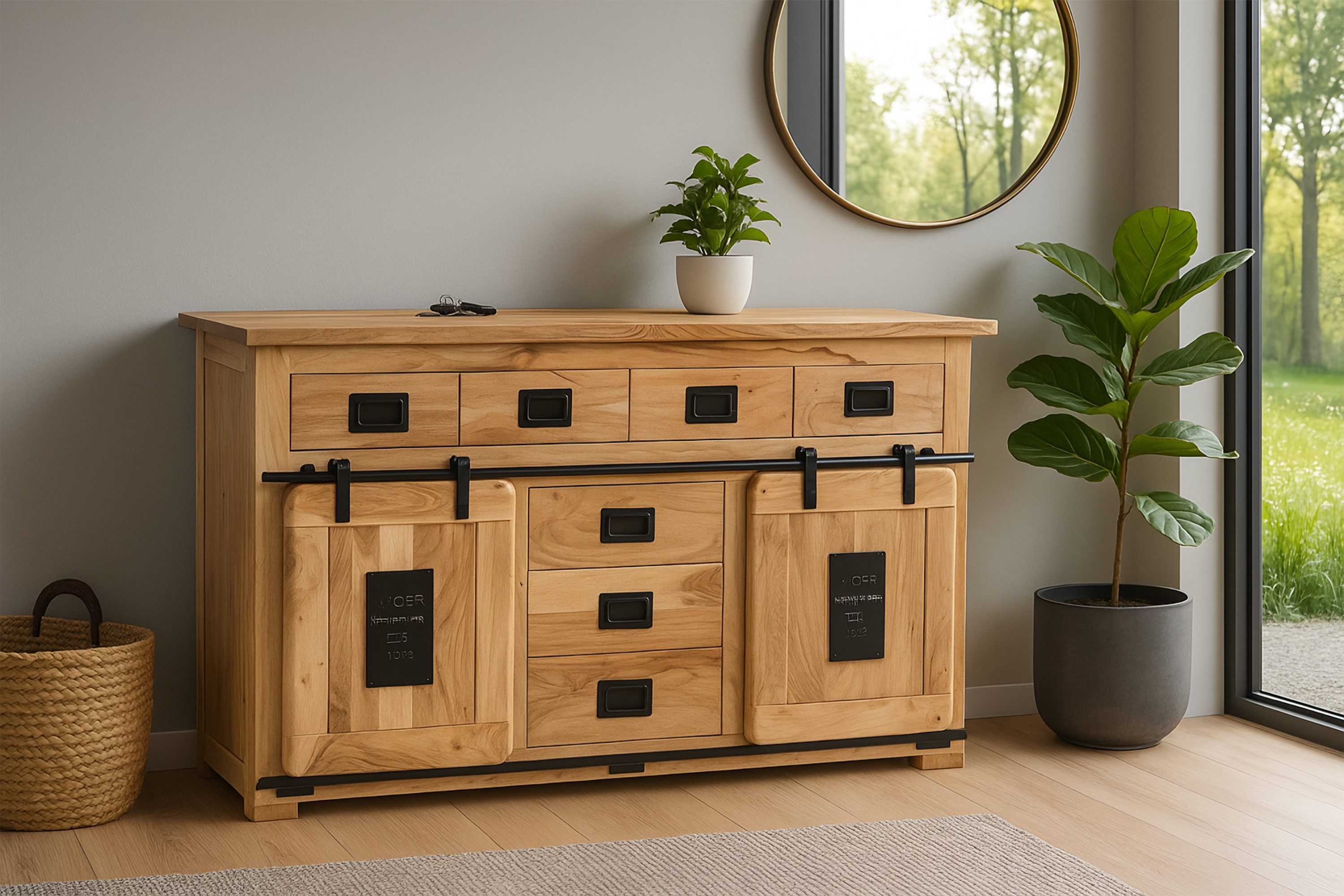 SAM® Sideboard Gia, massives Akazienholz, mit Ablagefläche, Schiebetür, Metallschiene
